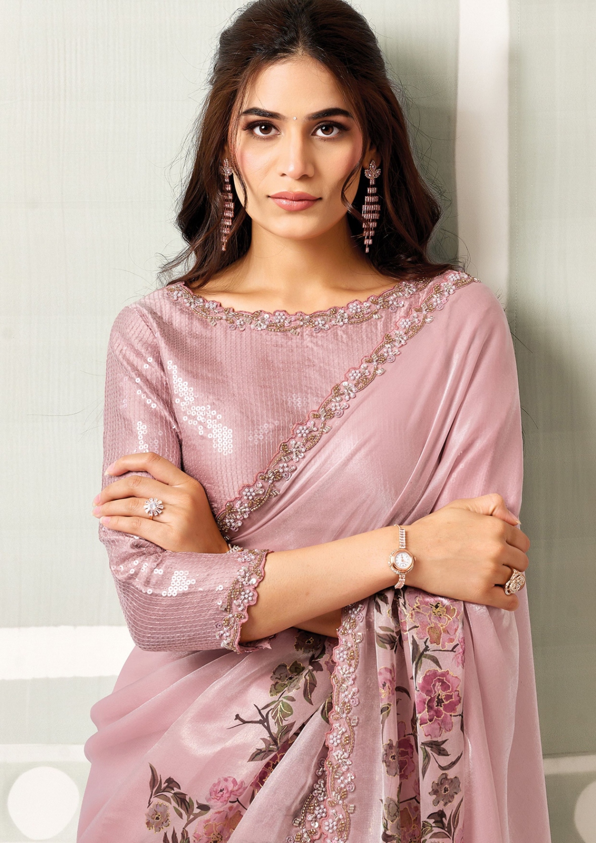Blush Pink Two Tone Satin Silk Embroidered Saree — alternate view