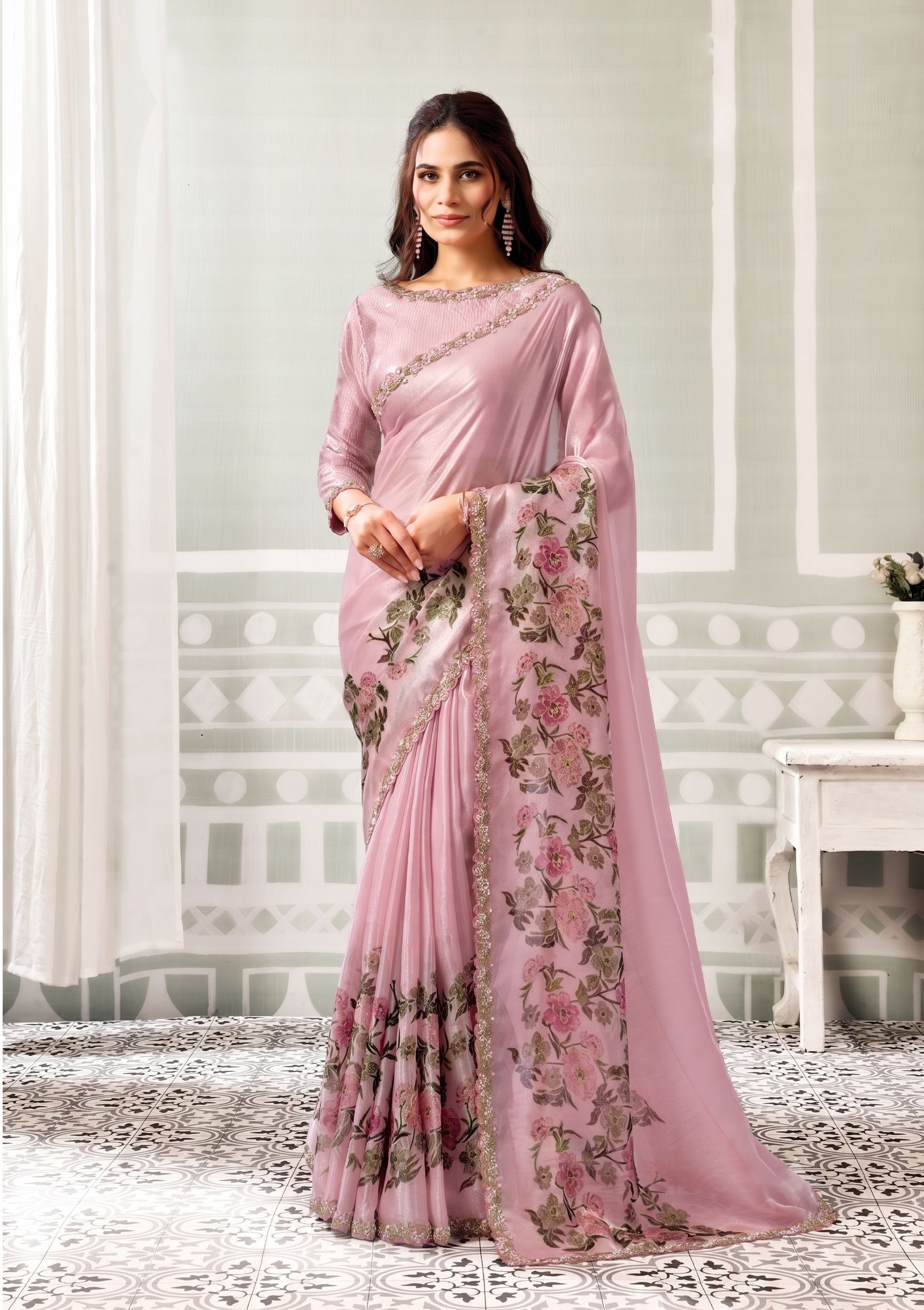 Blush Pink Two Tone Satin Silk Embroidered Saree