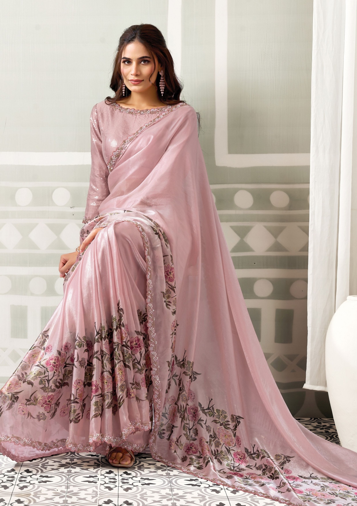 Blush Pink Two Tone Satin Silk Embroidered Saree