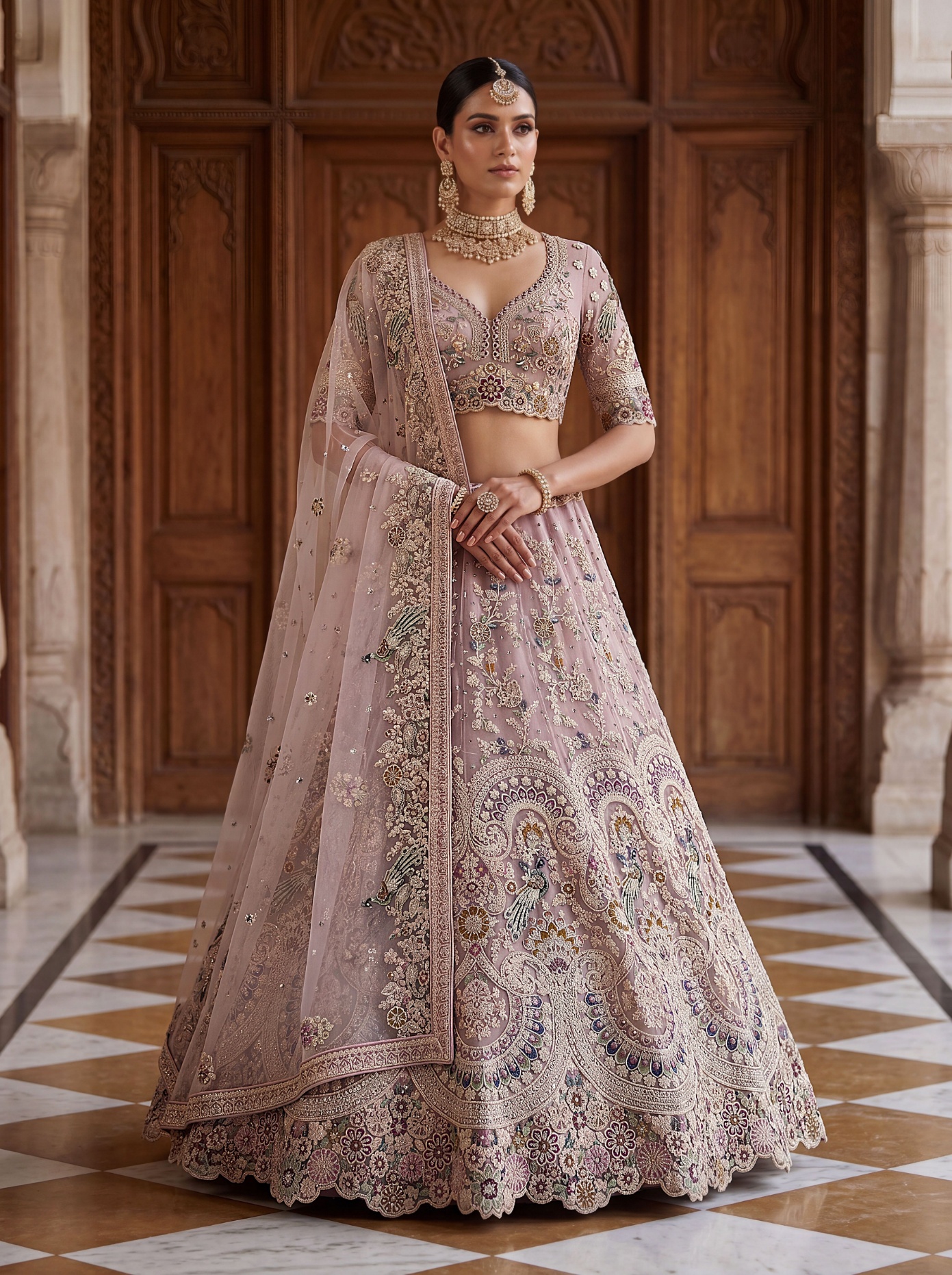 Blush Royale Peacock Embroidered Net Lehenga Choli
