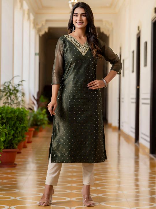 Bottel Green Shimmer Silk Embroidery Kurti