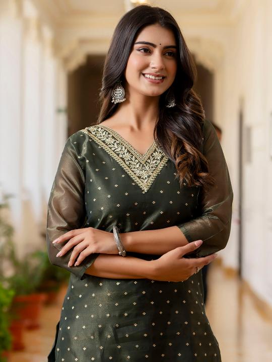 Bottel Green Shimmer Silk Embroidery Kurti — alternate view