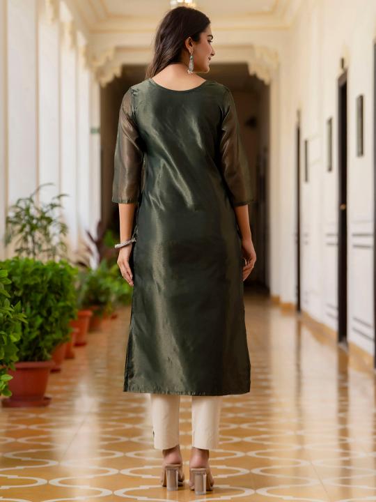 Bottel Green Shimmer Silk Embroidery Kurti