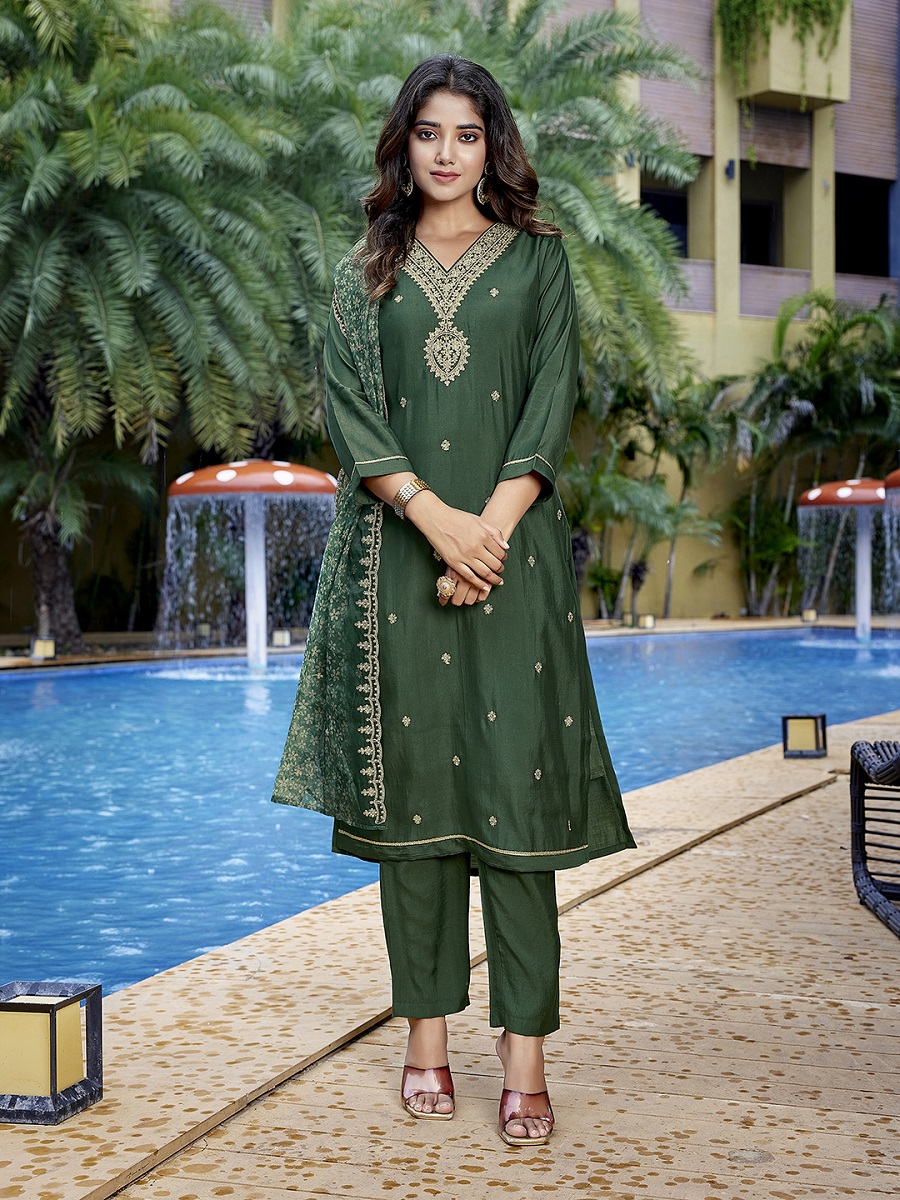 Bottle Green Embroidered Viscose Chanderi Readymade Suit