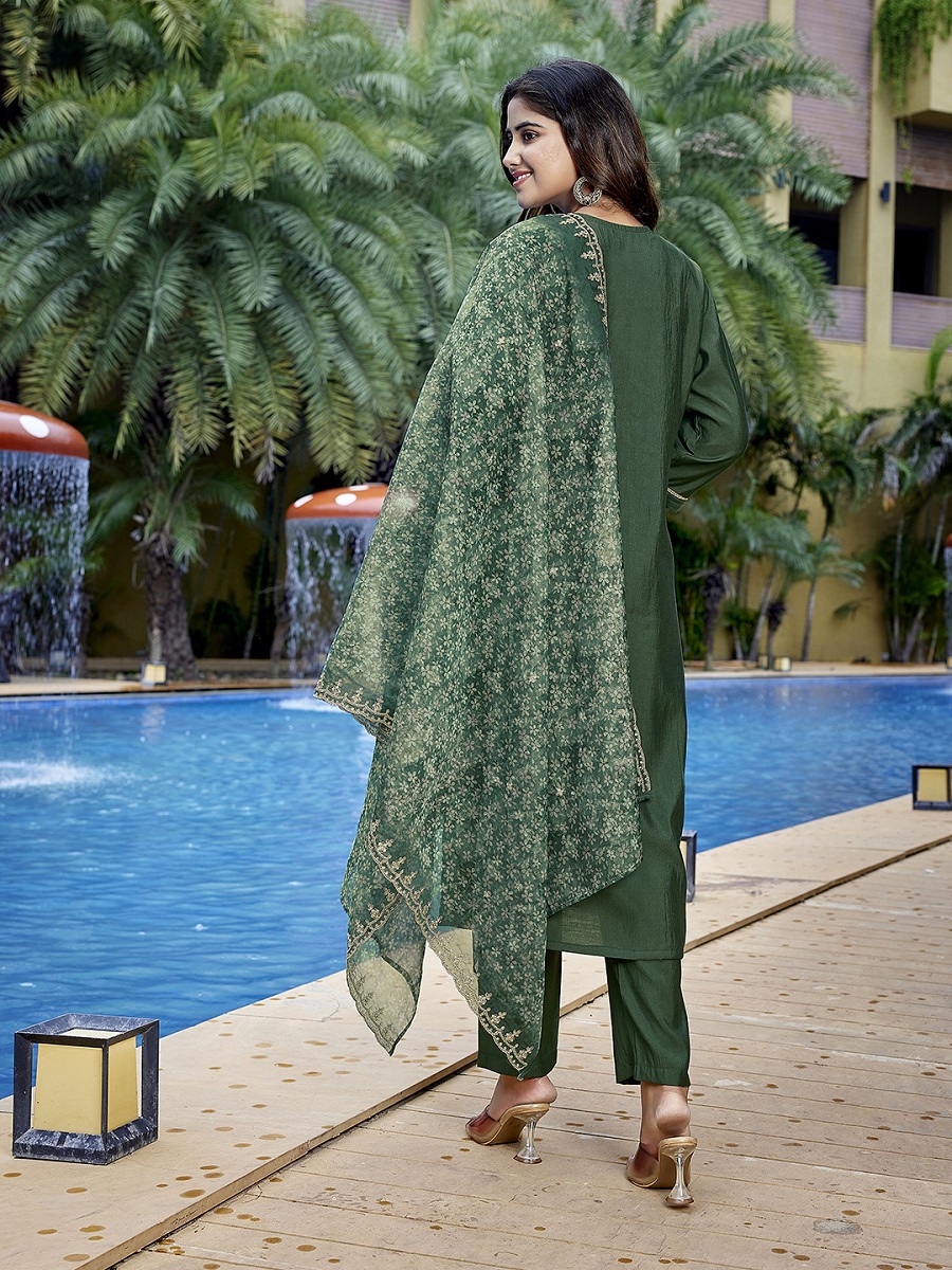 Bottle Green Embroidered Viscose Chanderi Readymade Suit — alternate view