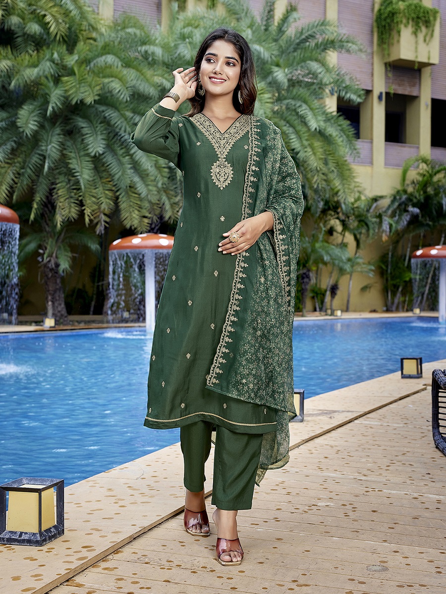 Bottle Green Embroidered Viscose Chanderi Readymade Suit