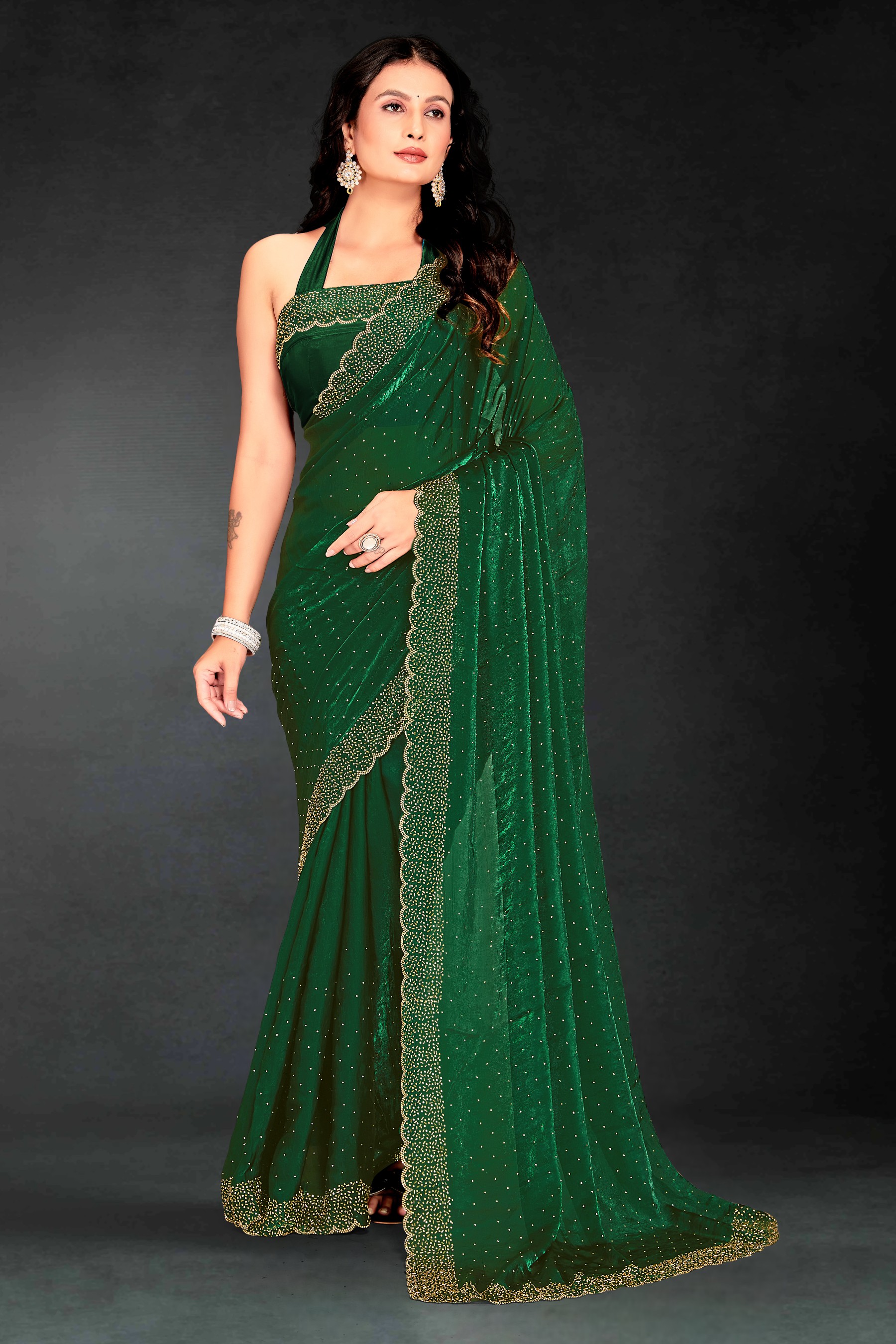 Bottle Green Fendy Silk Two Tone Hand Work Saree
