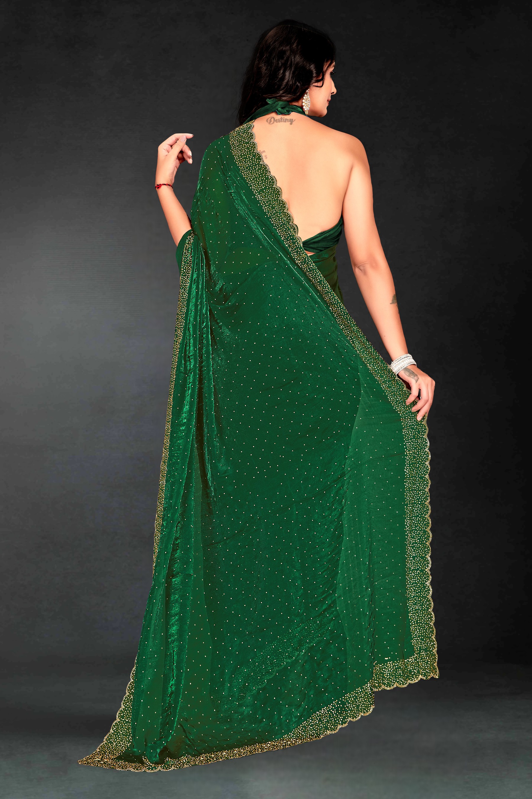 Bottle Green Fendy Silk Two Tone Hand Work Saree — alternate view