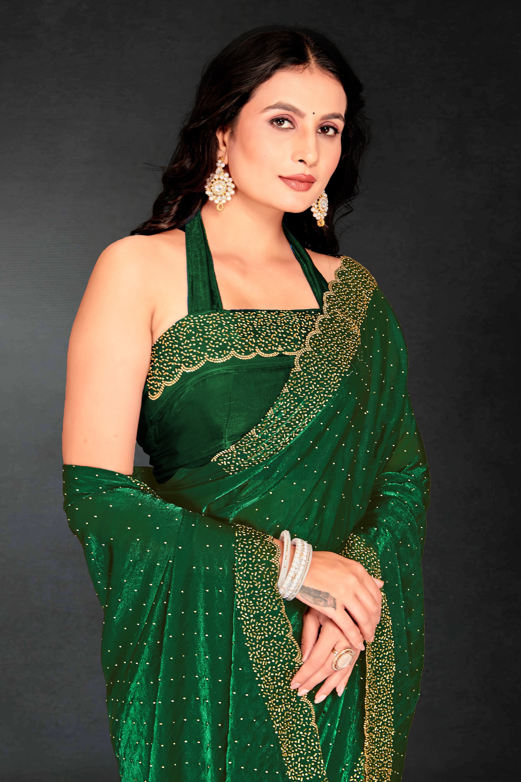 Bottle Green Fendy Silk Two Tone Hand Work Saree