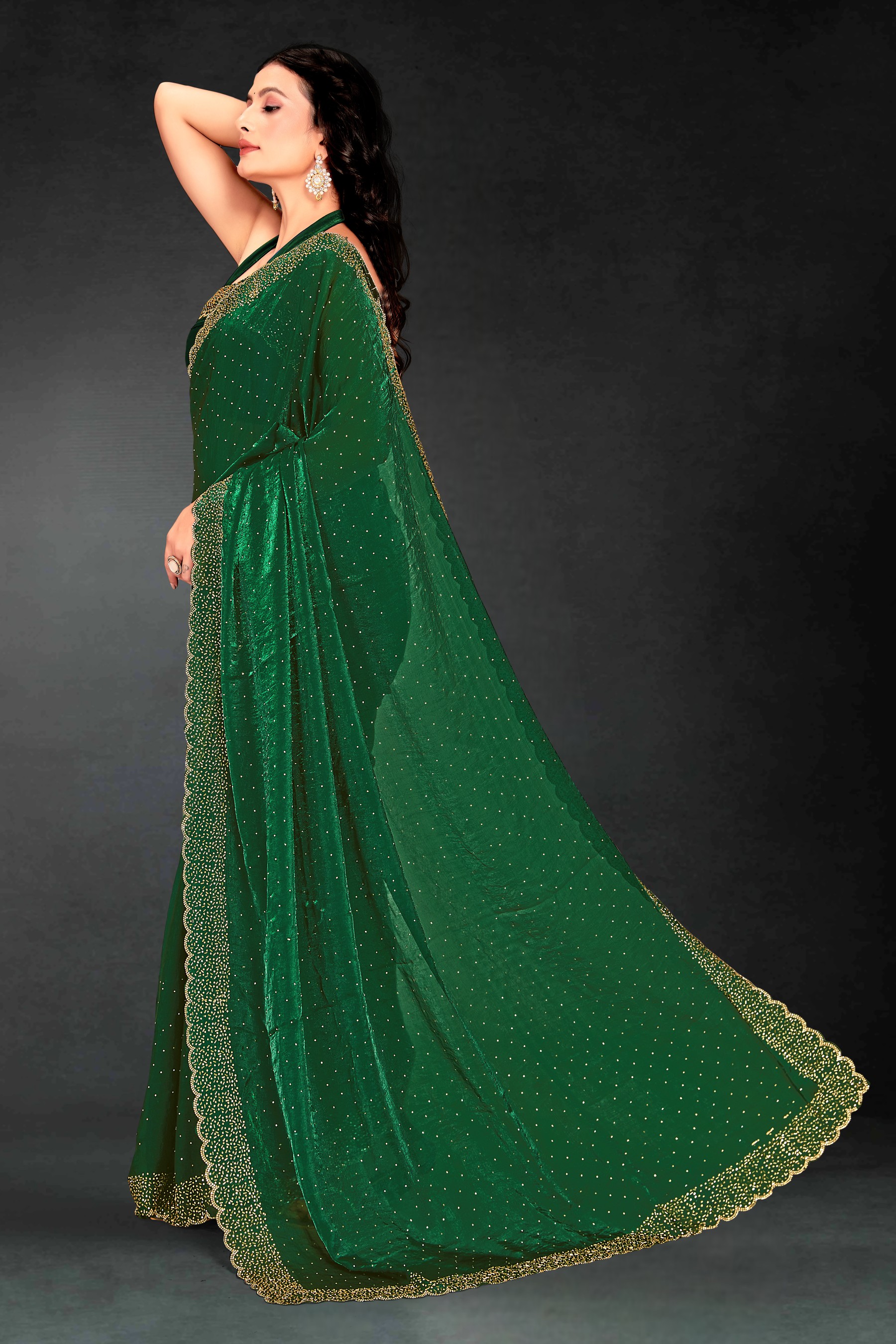 Bottle Green Fendy Silk Two Tone Hand Work Saree