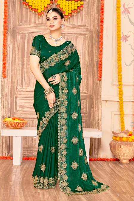 Bottle Green Fendy Silk Zari Siroski Saree