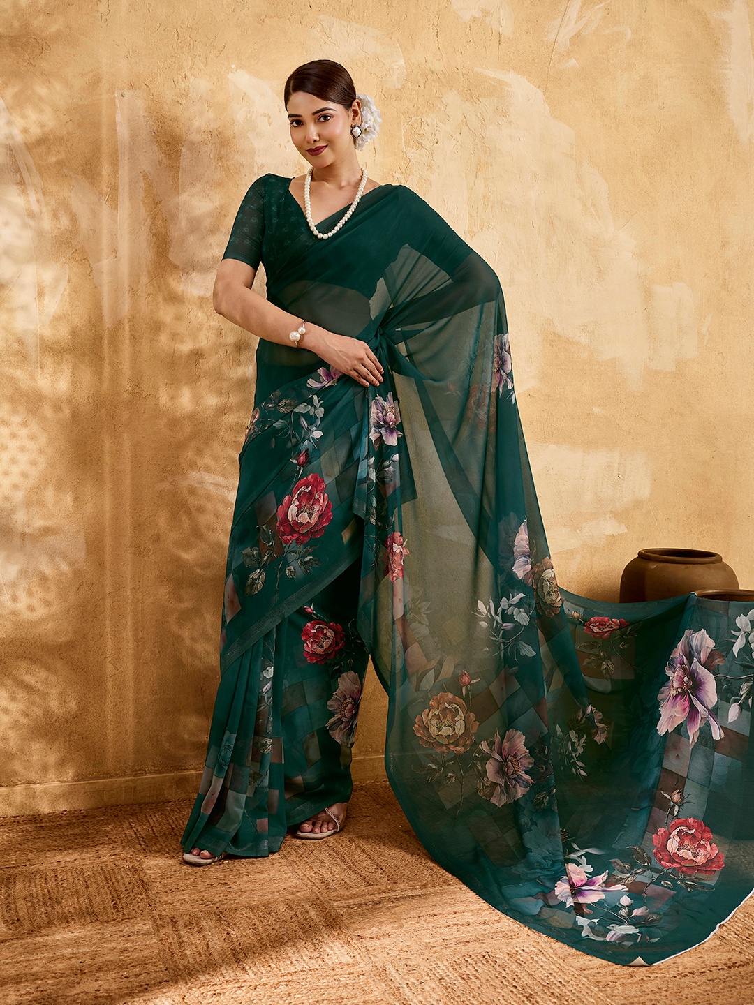 Bottle Green Floral Printed Chiffon Saree