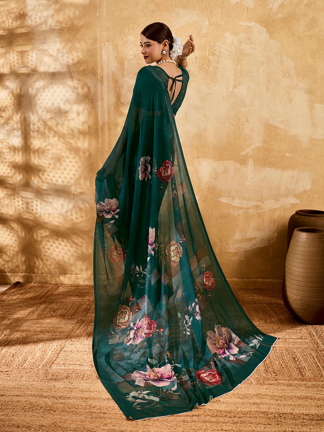 Bottle Green Floral Printed Chiffon Saree — alternate view