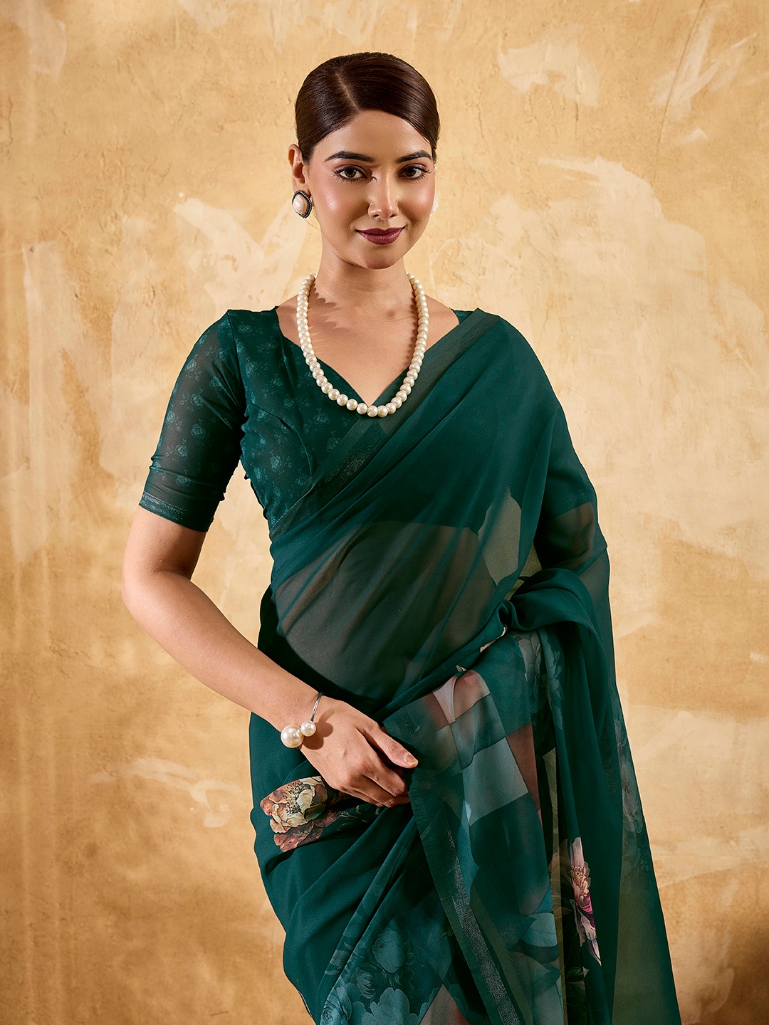 Bottle Green Floral Printed Chiffon Saree