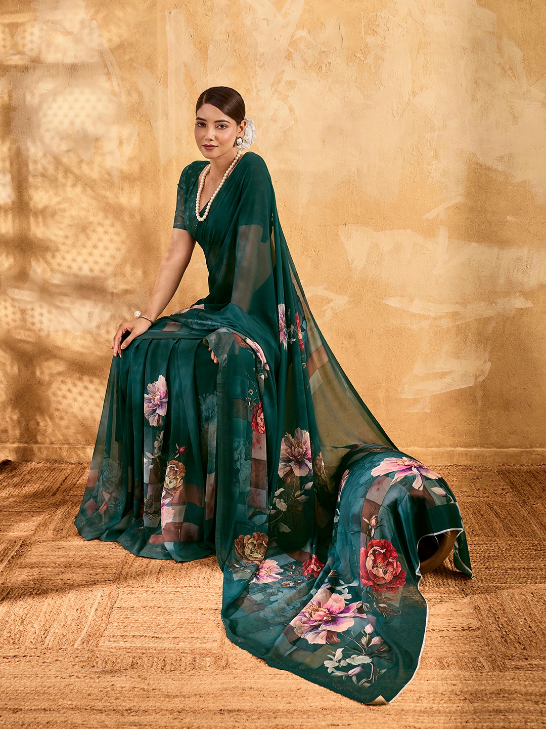 Bottle Green Floral Printed Chiffon Saree