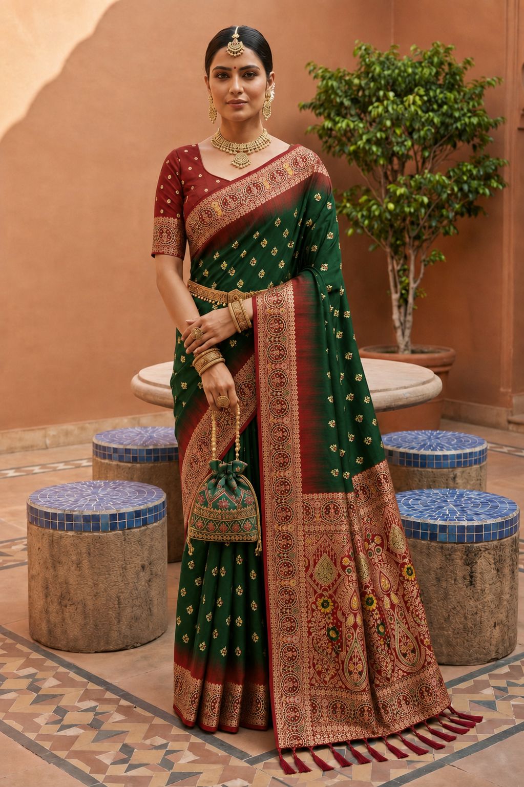 Bottle Green Floral Zari Soft Silk Saree