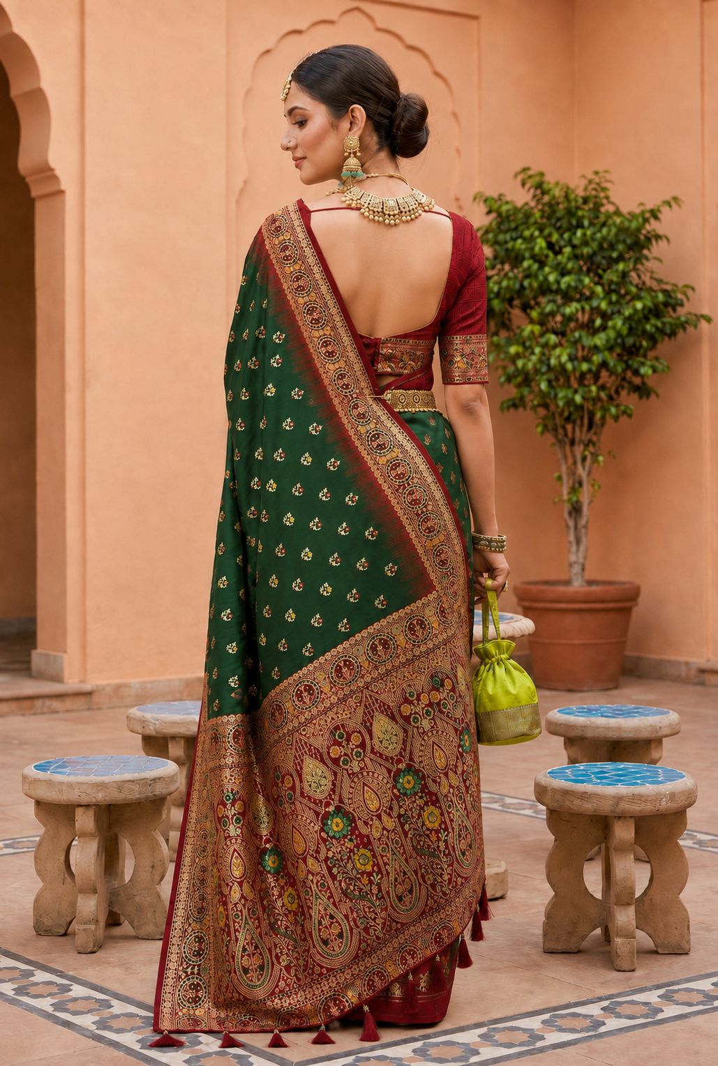 Bottle Green Floral Zari Soft Silk Saree — alternate view