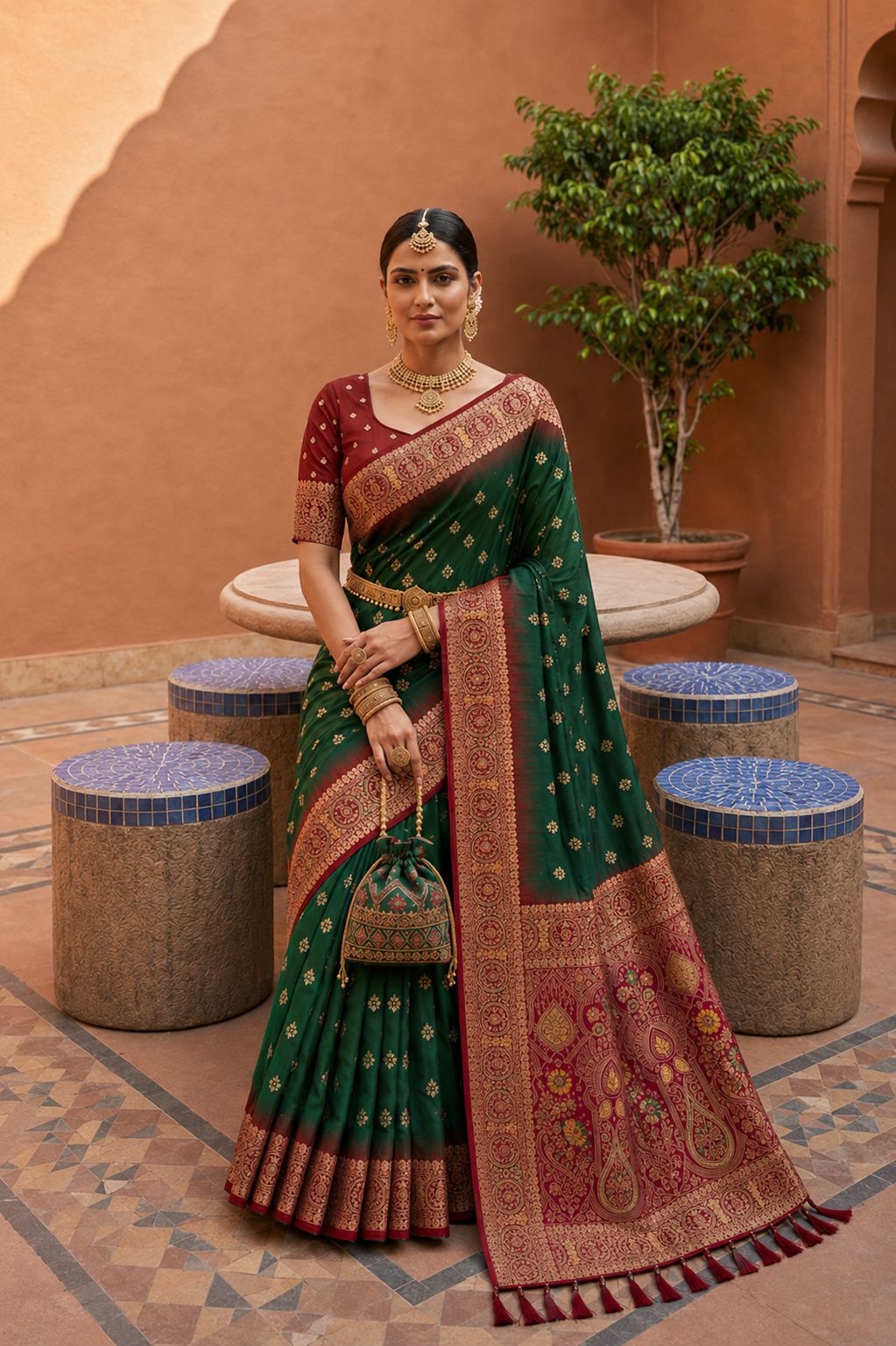 Bottle Green Floral Zari Soft Silk Saree