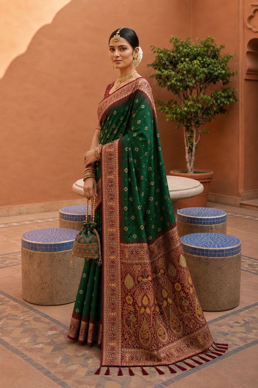 Bottle Green Floral Zari Soft Silk Saree