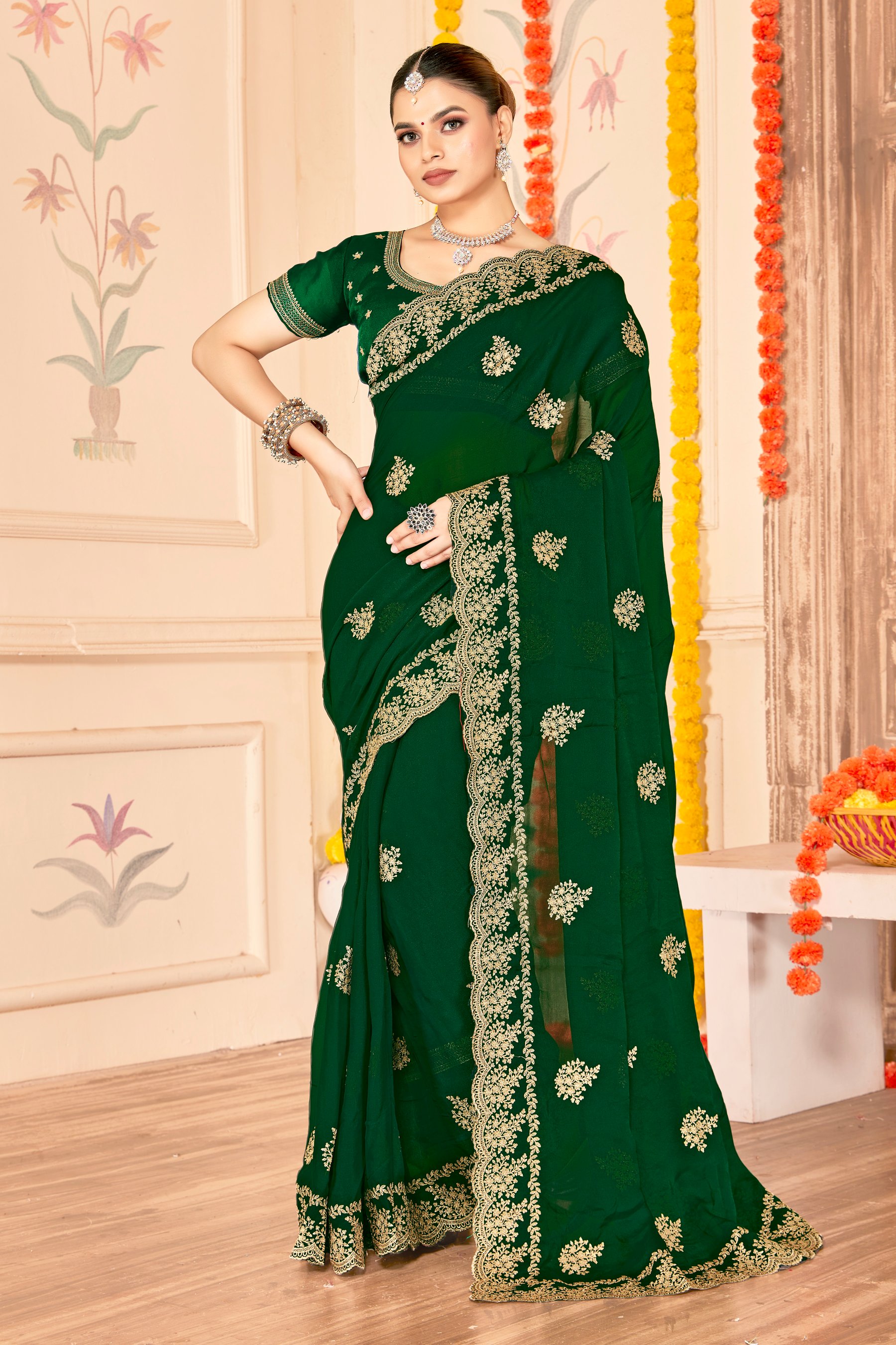 Bottle Green Moss Silk Zari Saree