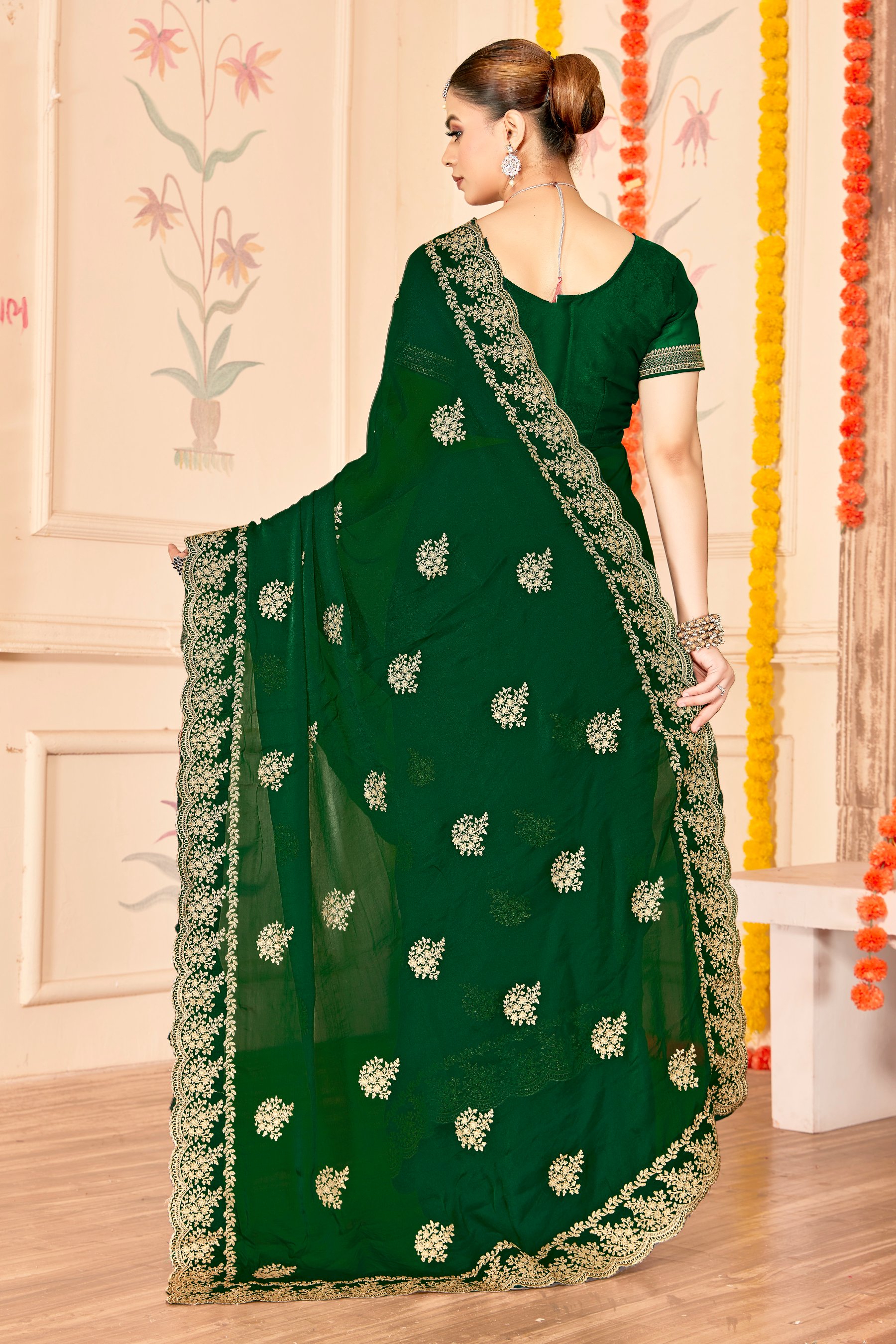 Bottle Green Moss Silk Zari Saree
