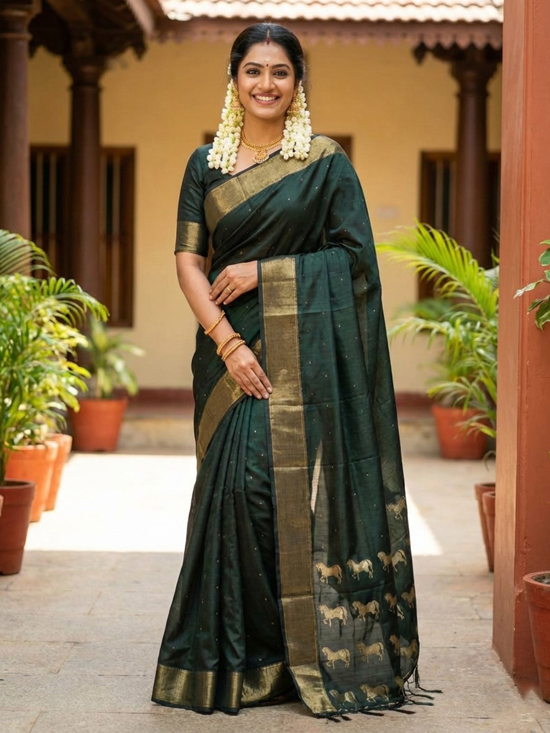 Bottle Green Woven Zari Designer Soft Silk Saree