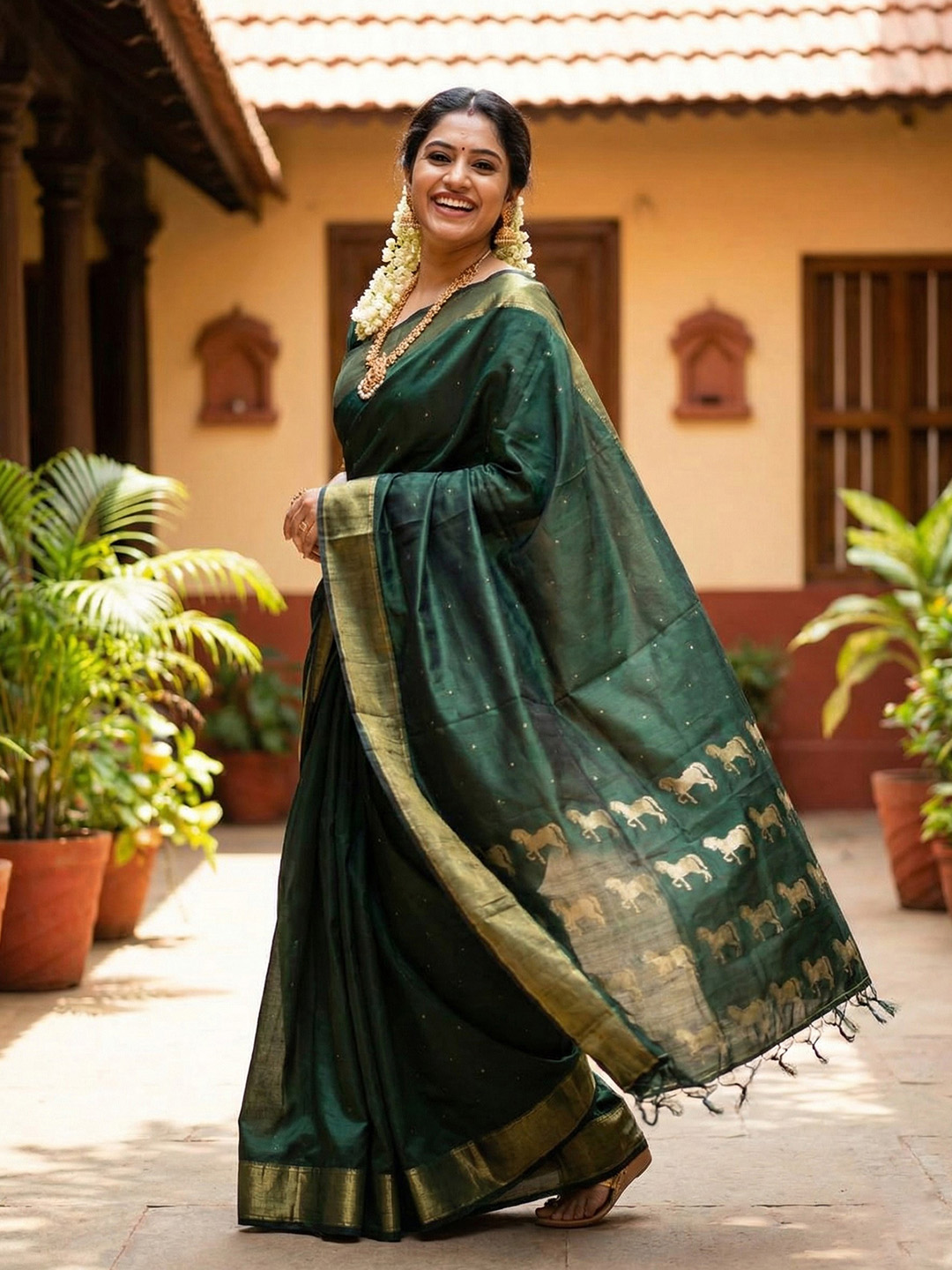 Bottle Green Woven Zari Designer Soft Silk Saree — alternate view