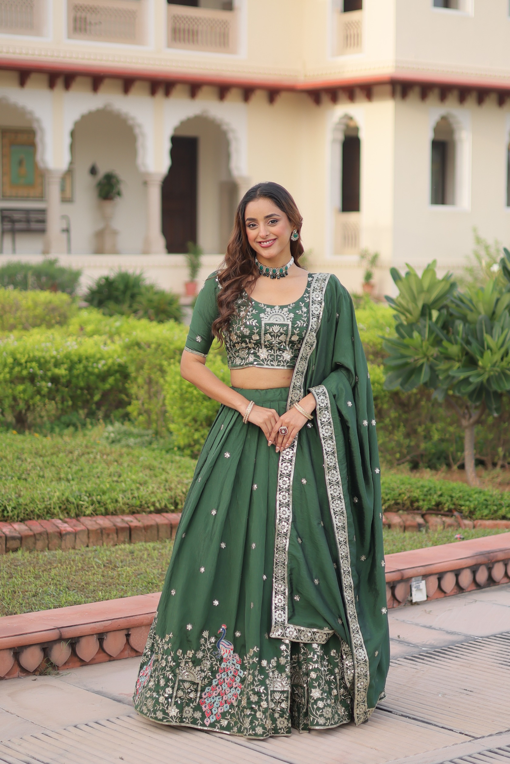 Bottle Green Zari Sequins Embroidered Vichitra Silk Lehenga Choli
