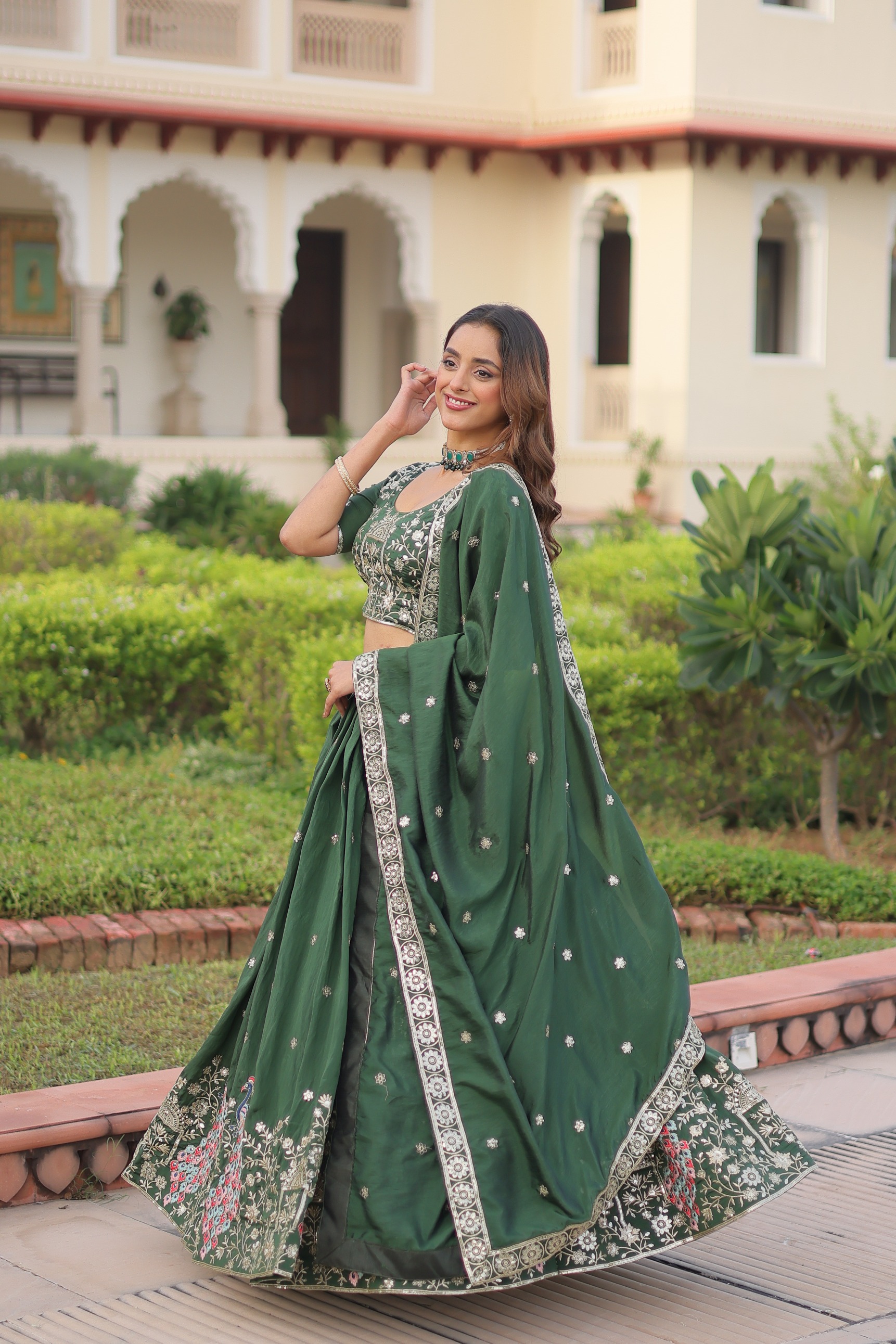 Bottle Green Zari Sequins Embroidered Vichitra Silk Lehenga Choli — alternate view