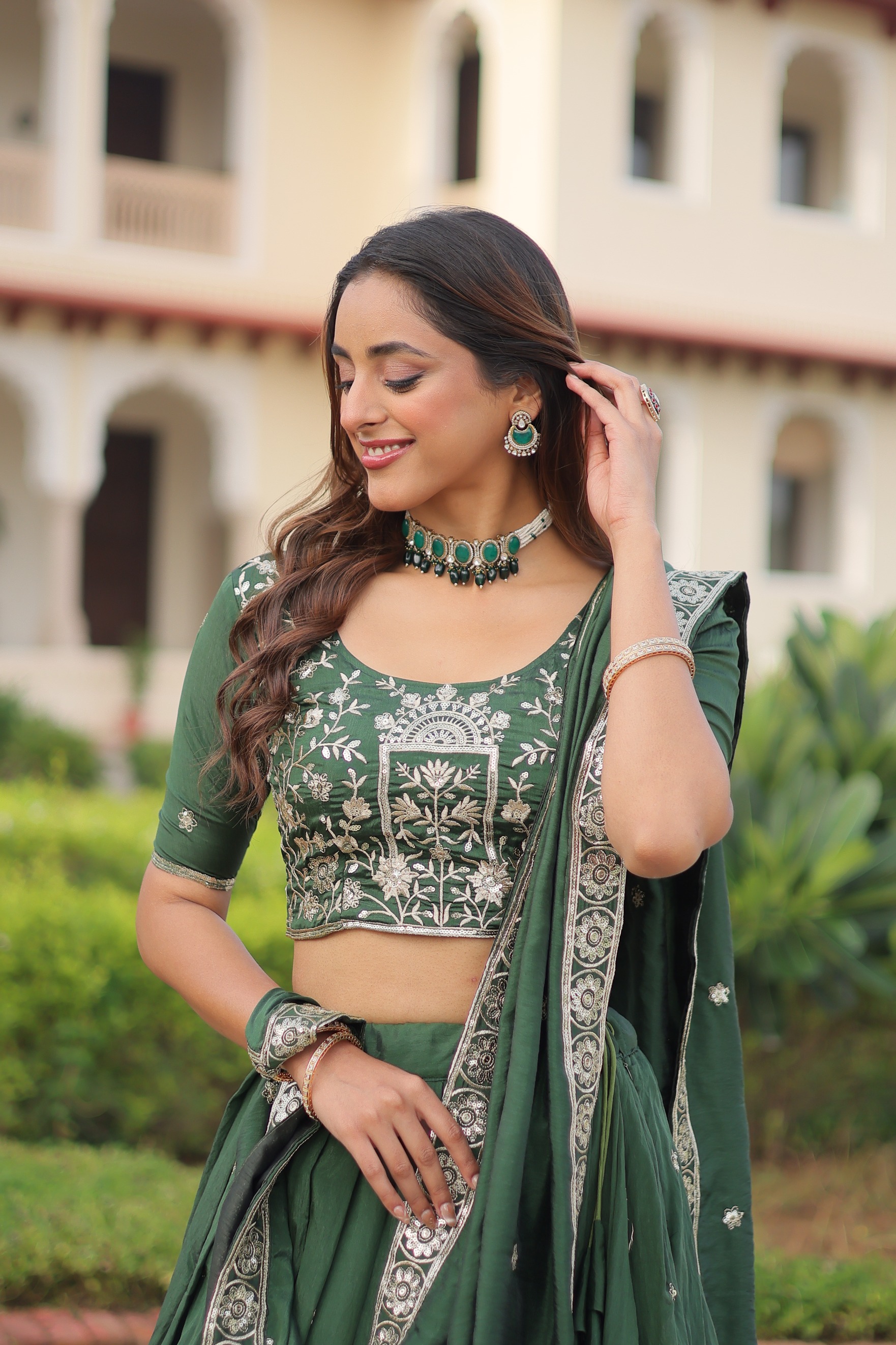Bottle Green Zari Sequins Embroidered Vichitra Silk Lehenga Choli