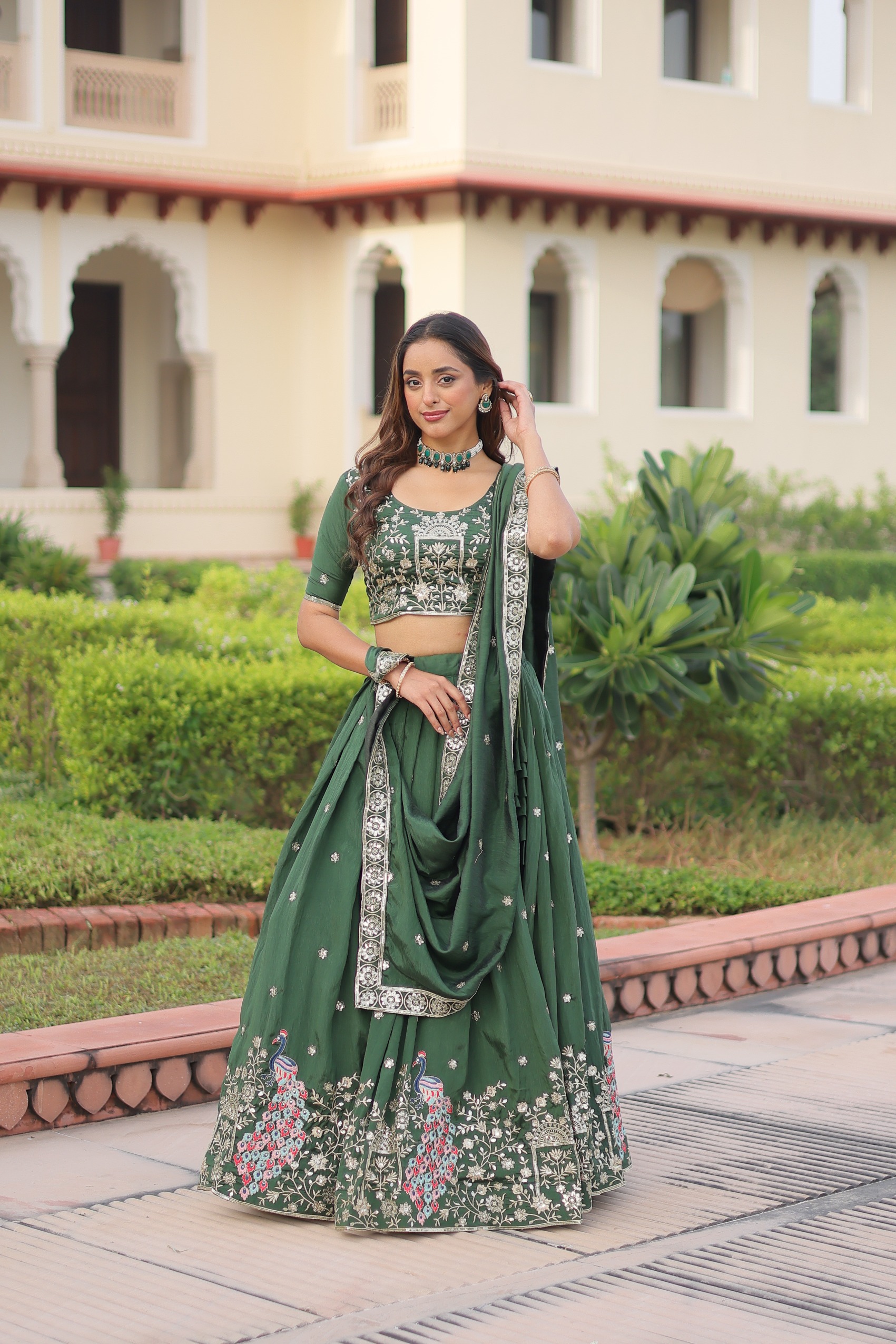 Bottle Green Zari Sequins Embroidered Vichitra Silk Lehenga Choli