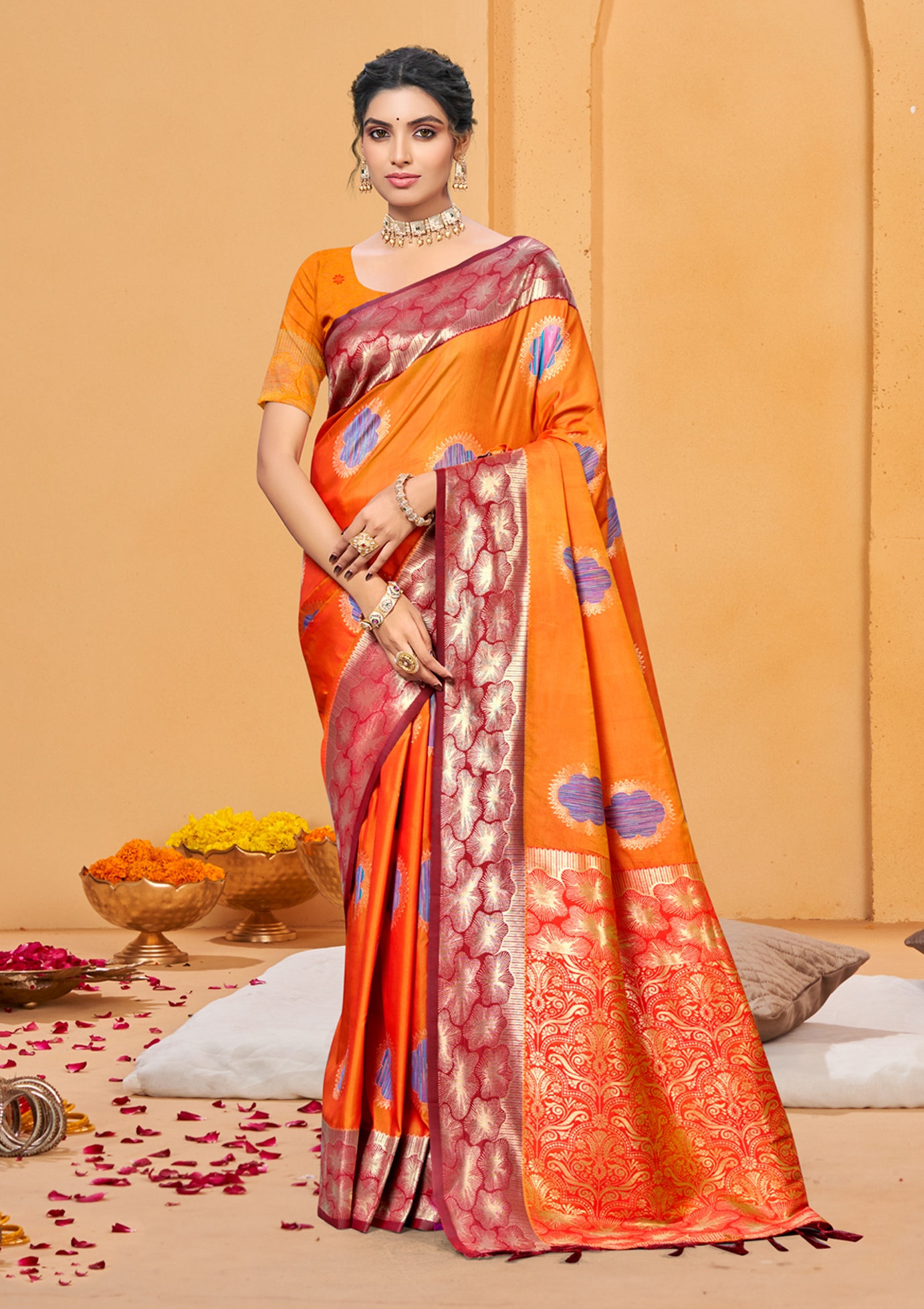 Bright Orange Woven Designer Soft Silk Saree