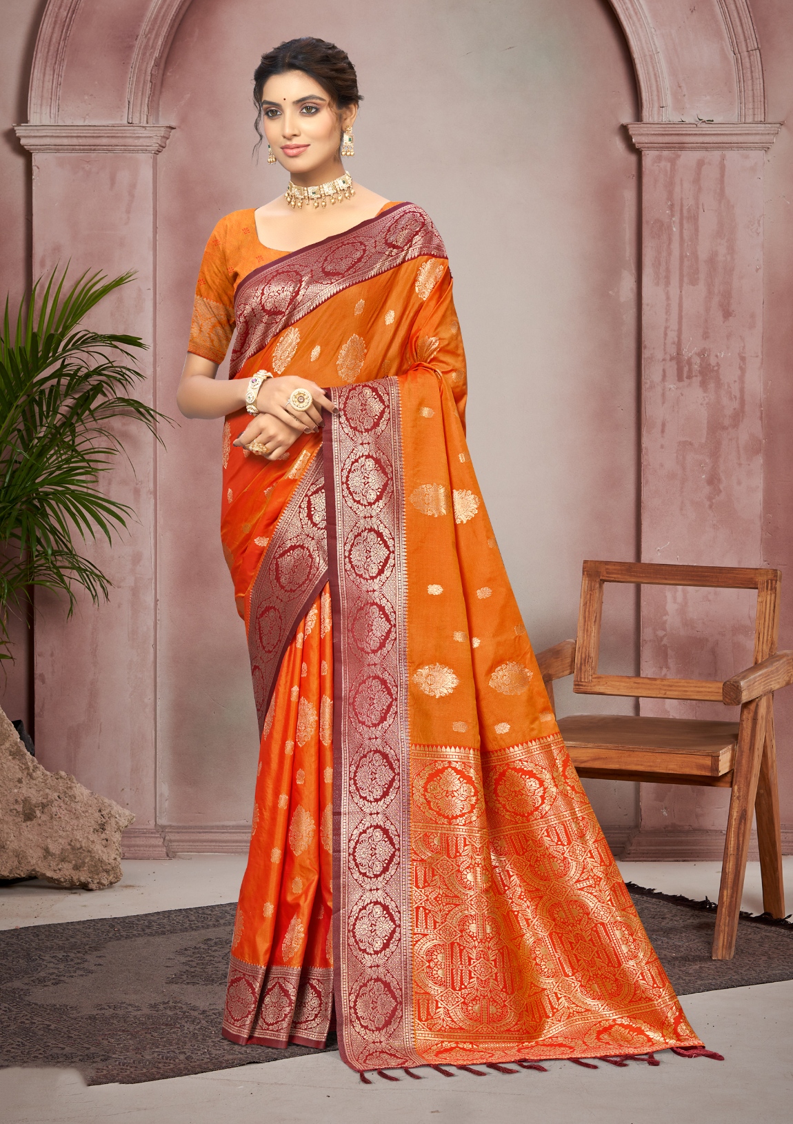 Bright Orange Woven Designer Soft Silk Saree