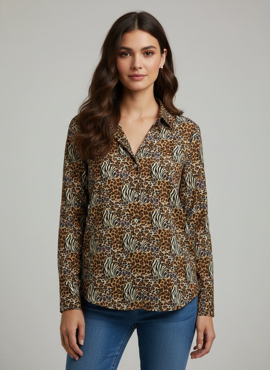 Brown Animal Printed Crepe Casual Shirt