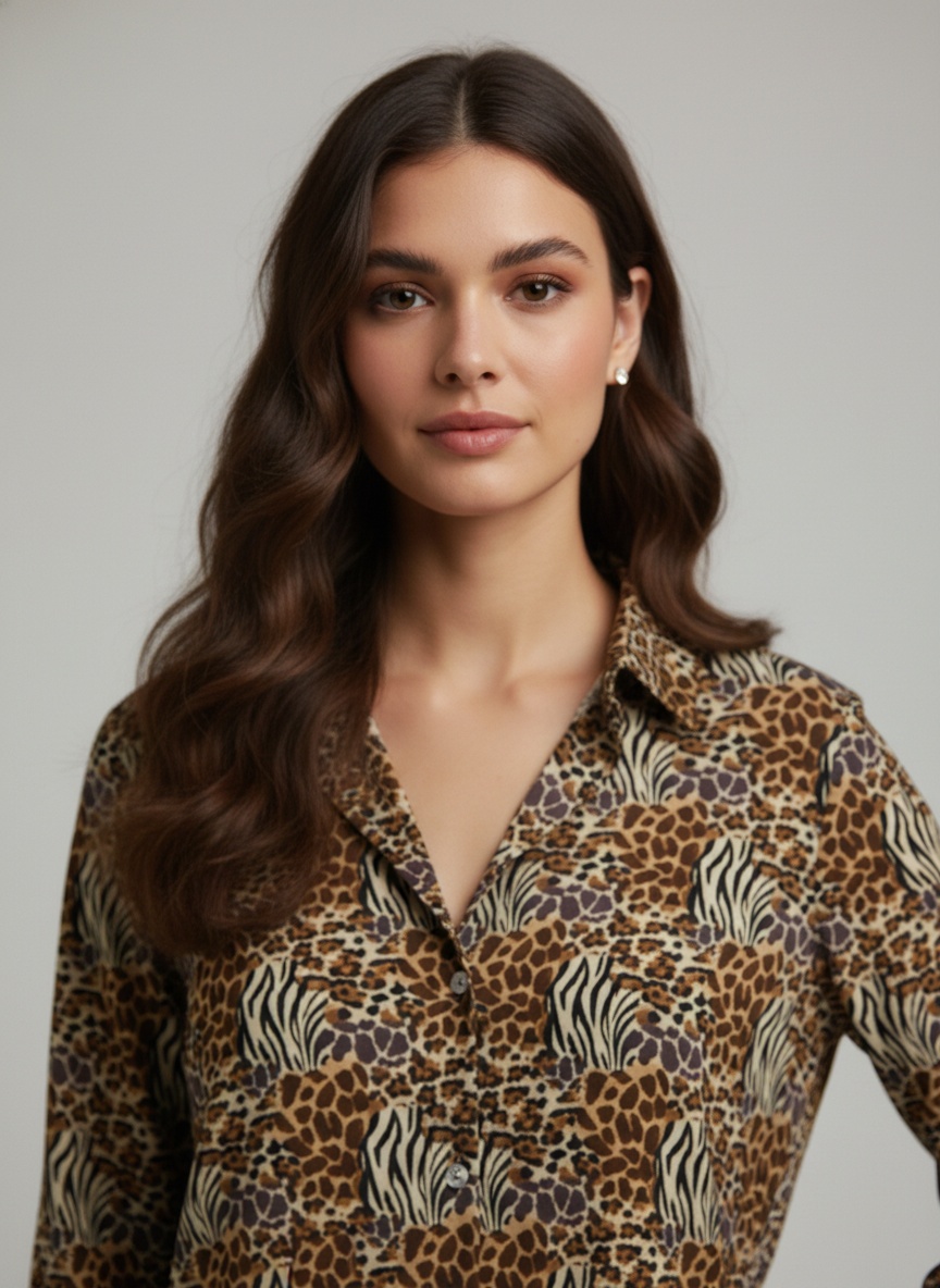 Brown Animal Printed Crepe Casual Shirt