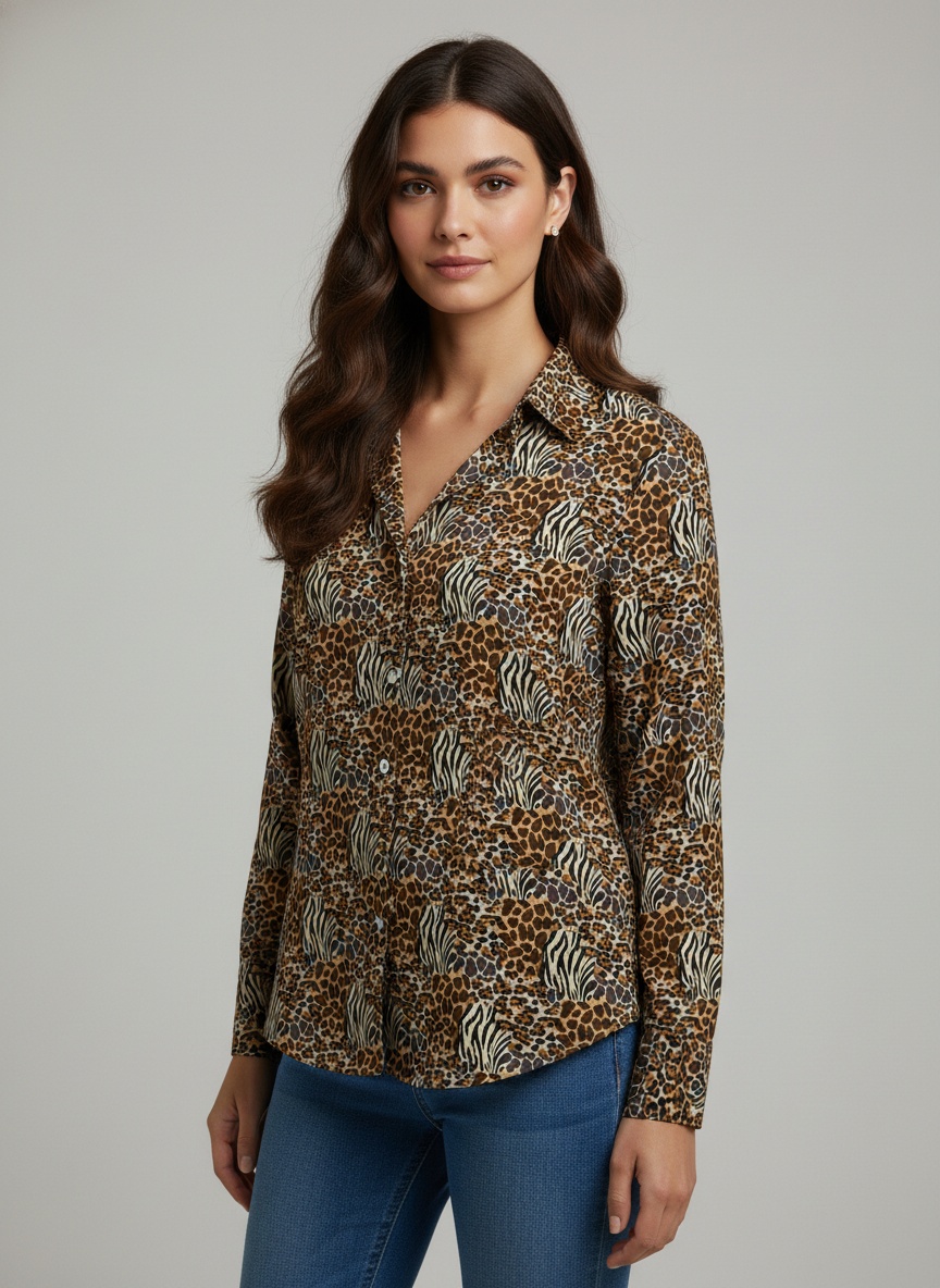 Brown Animal Printed Crepe Casual Shirt