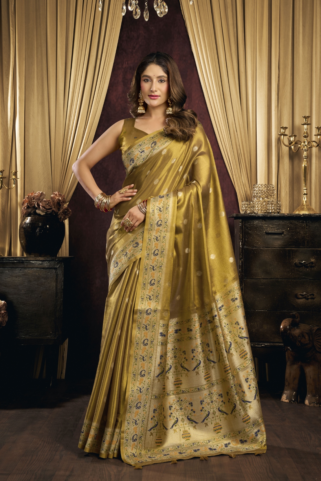 Brown Bird Motif Woven Tissue Silk Saree