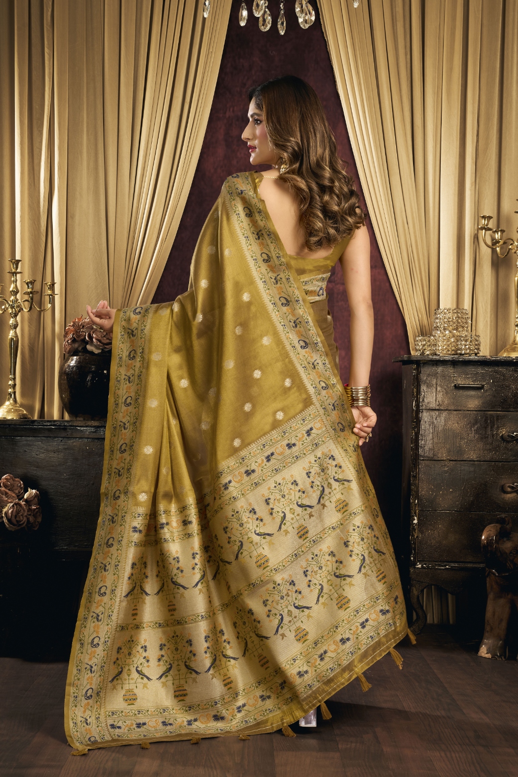 Brown Bird Motif Woven Tissue Silk Saree — alternate view