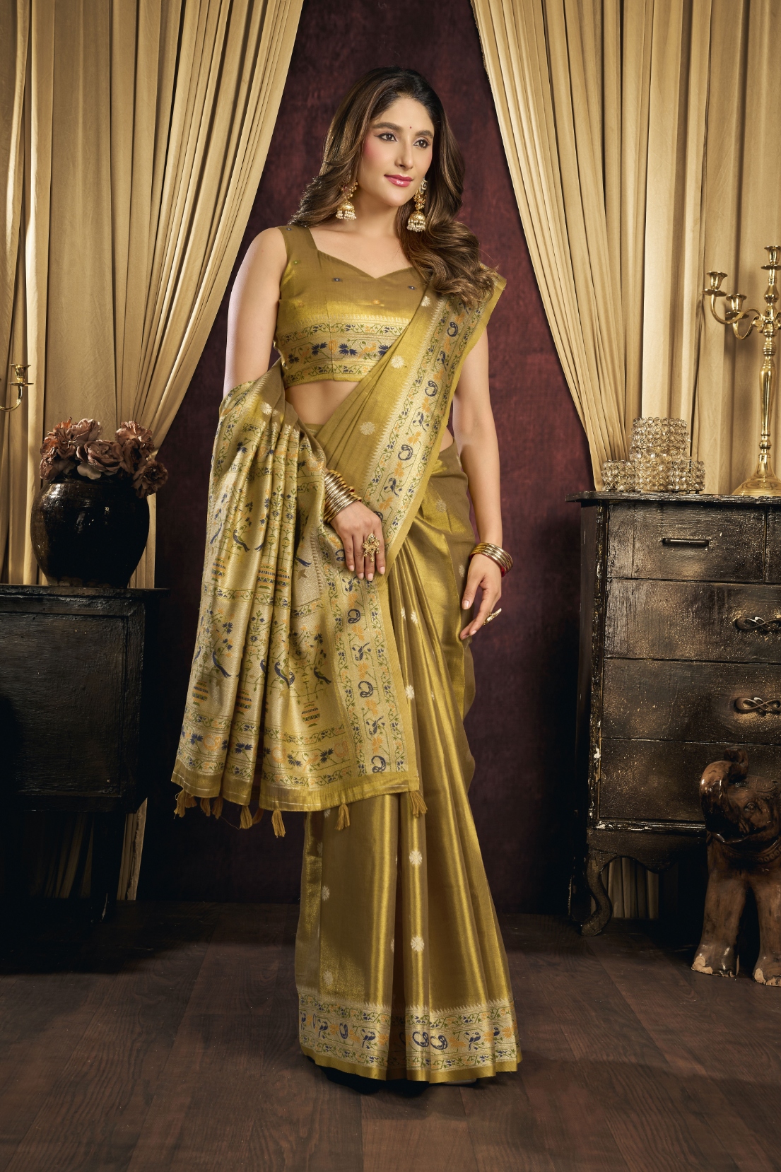 Brown Bird Motif Woven Tissue Silk Saree