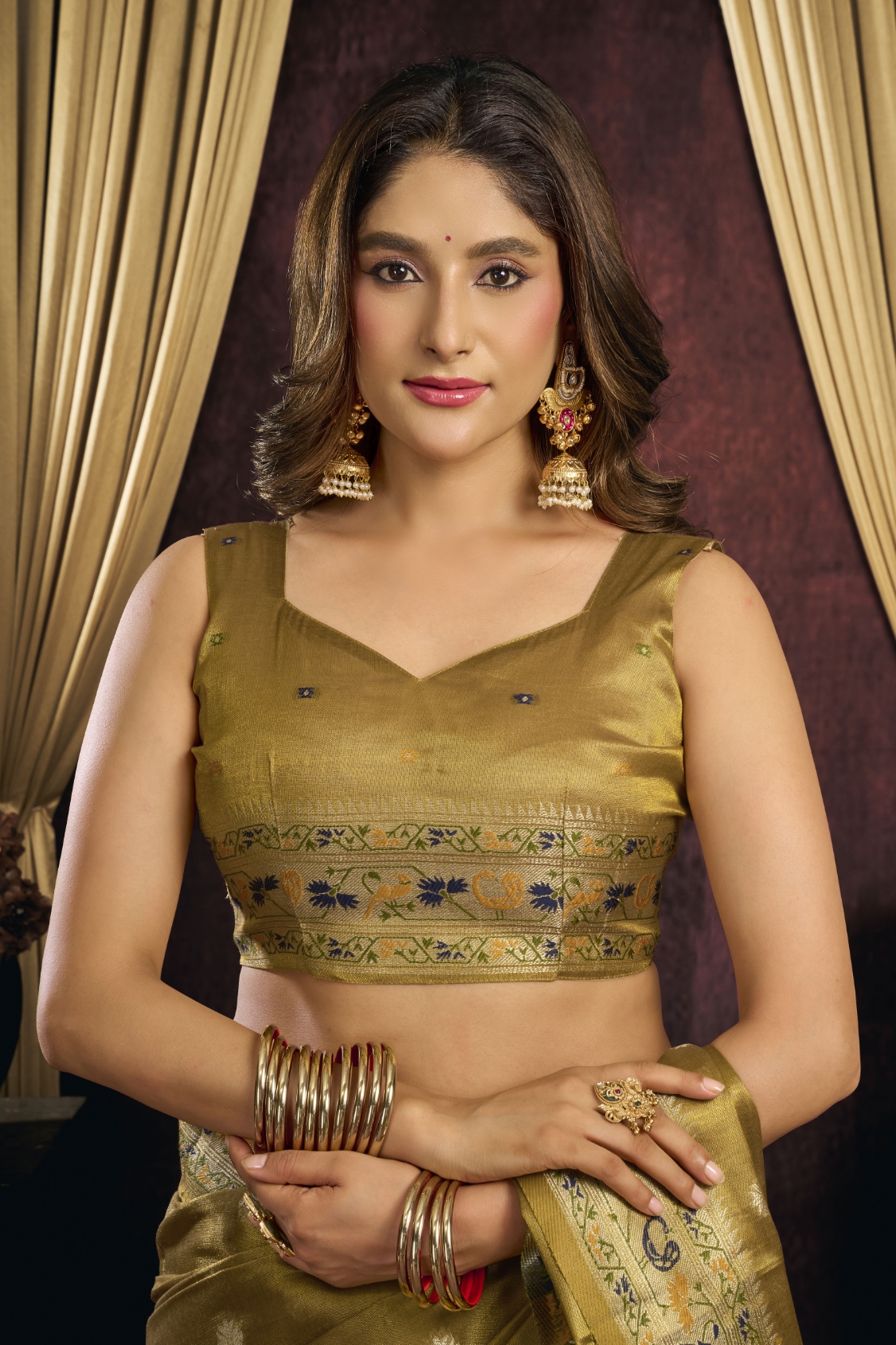 Brown Bird Motif Woven Tissue Silk Saree