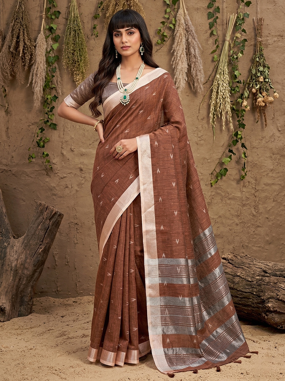 Brown Border Embroidery Linen Saree