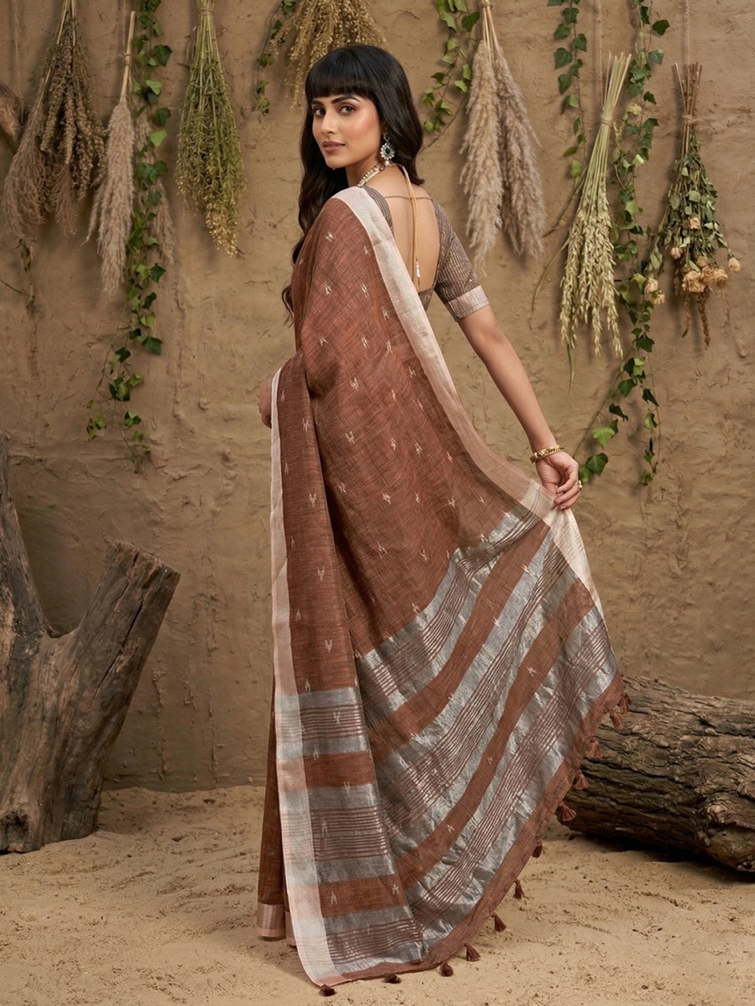 Brown Border Embroidery Linen Saree — alternate view
