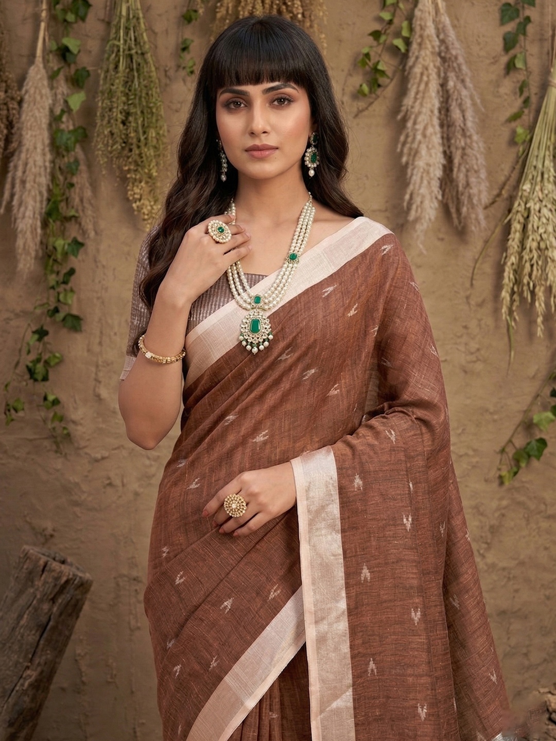 Brown Border Embroidery Linen Saree