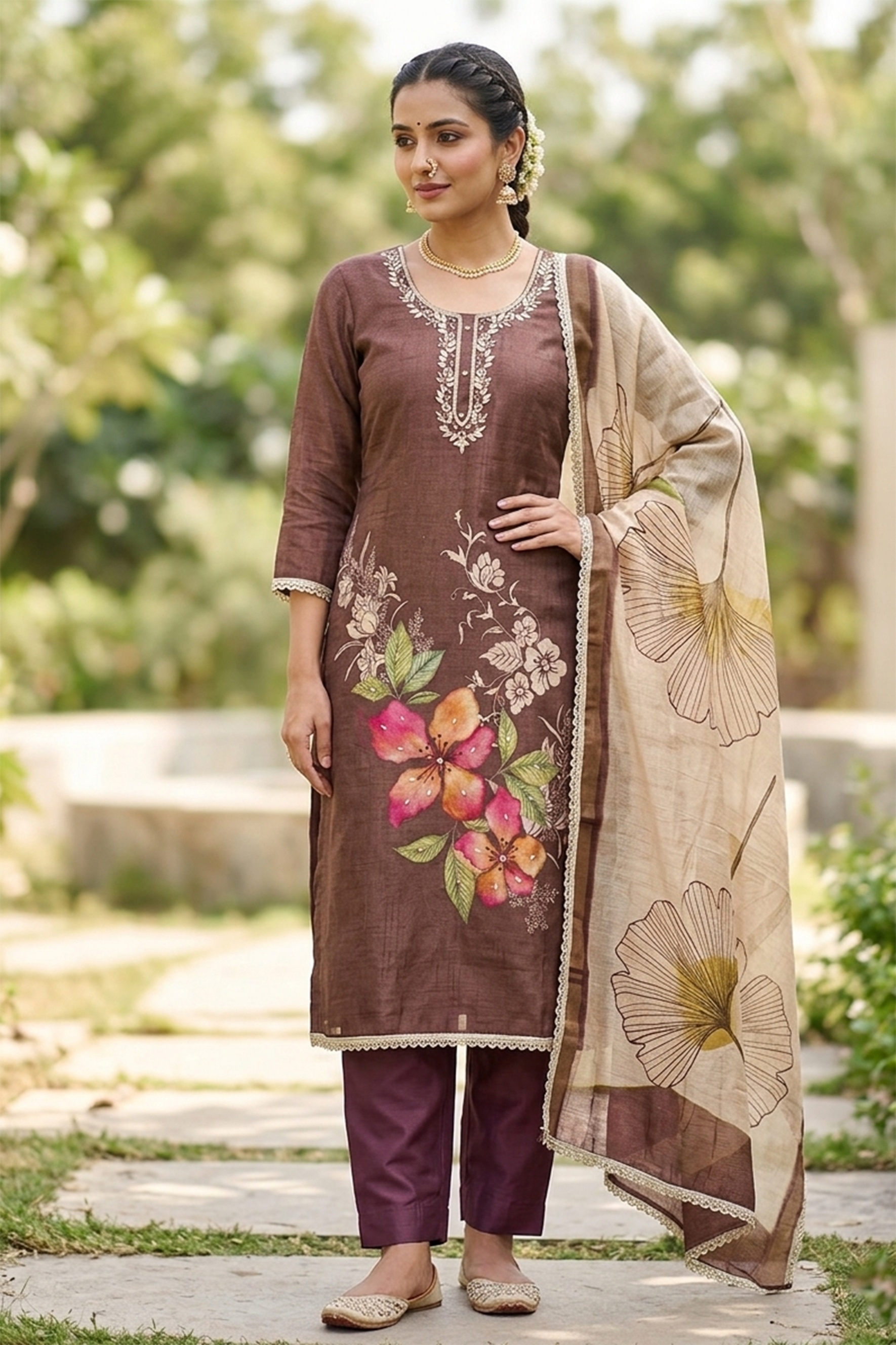 Brown Botanical Cotton Linen Palazzo Suit