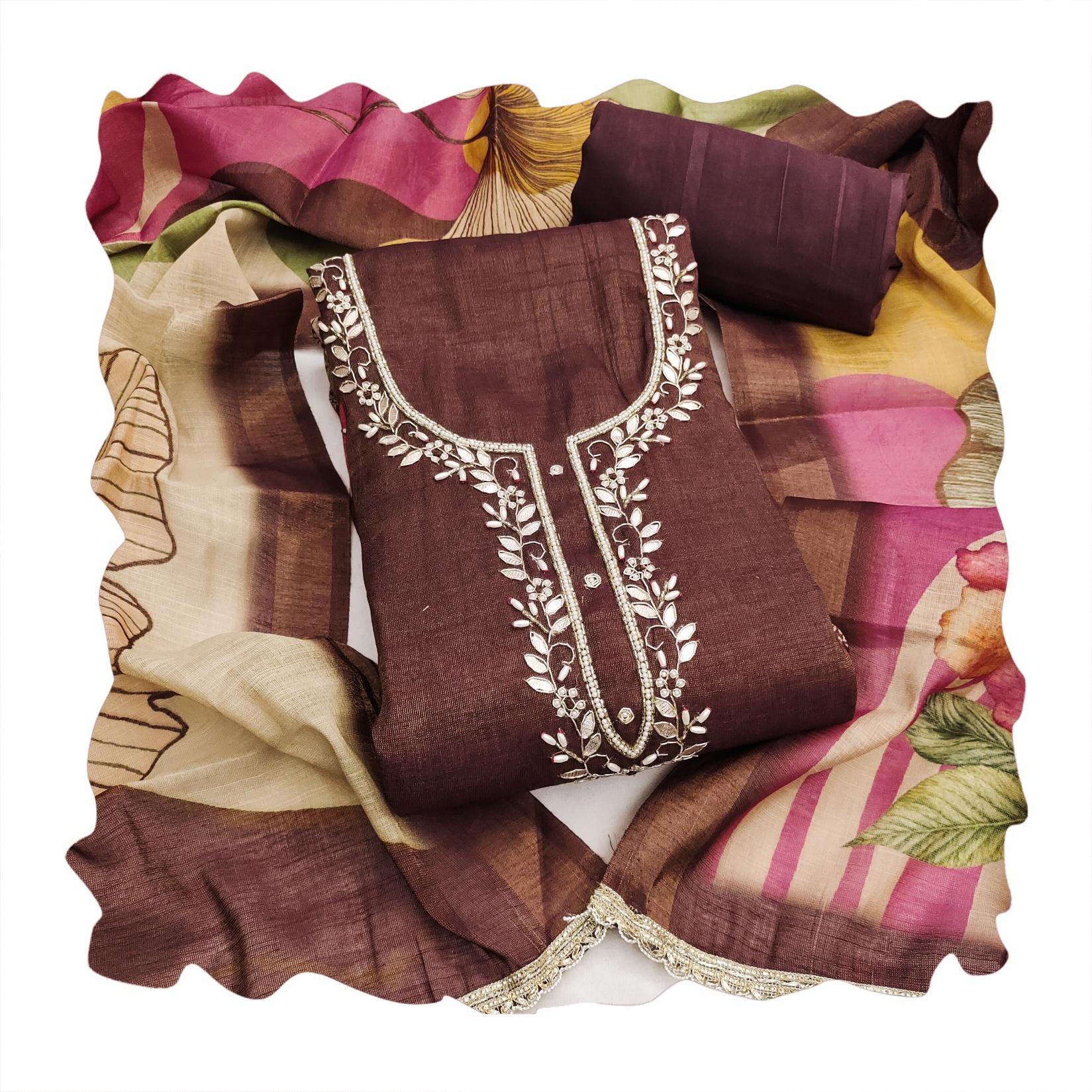 Brown Botanical Cotton Linen Palazzo Suit — alternate view