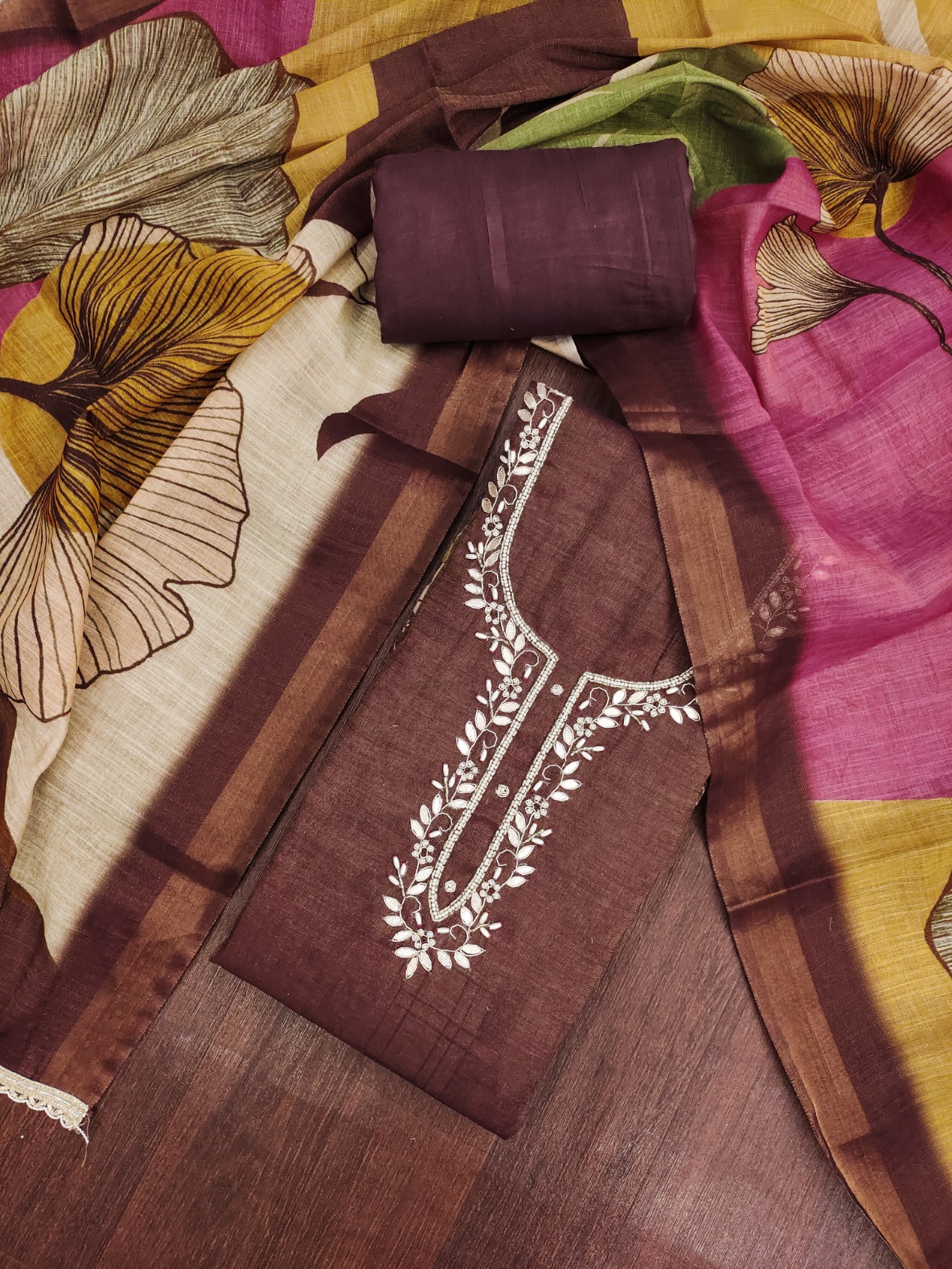 Brown Botanical Cotton Linen Palazzo Suit