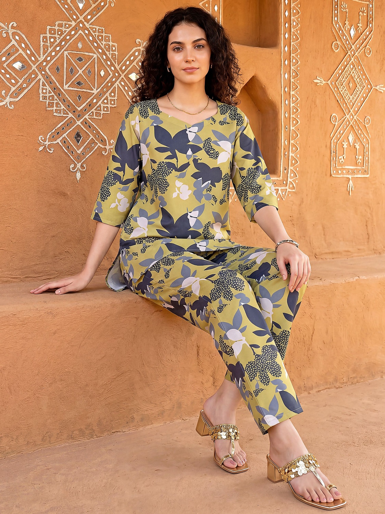Brown Botanical Digital Print Rayon Blend Co-Ord Set