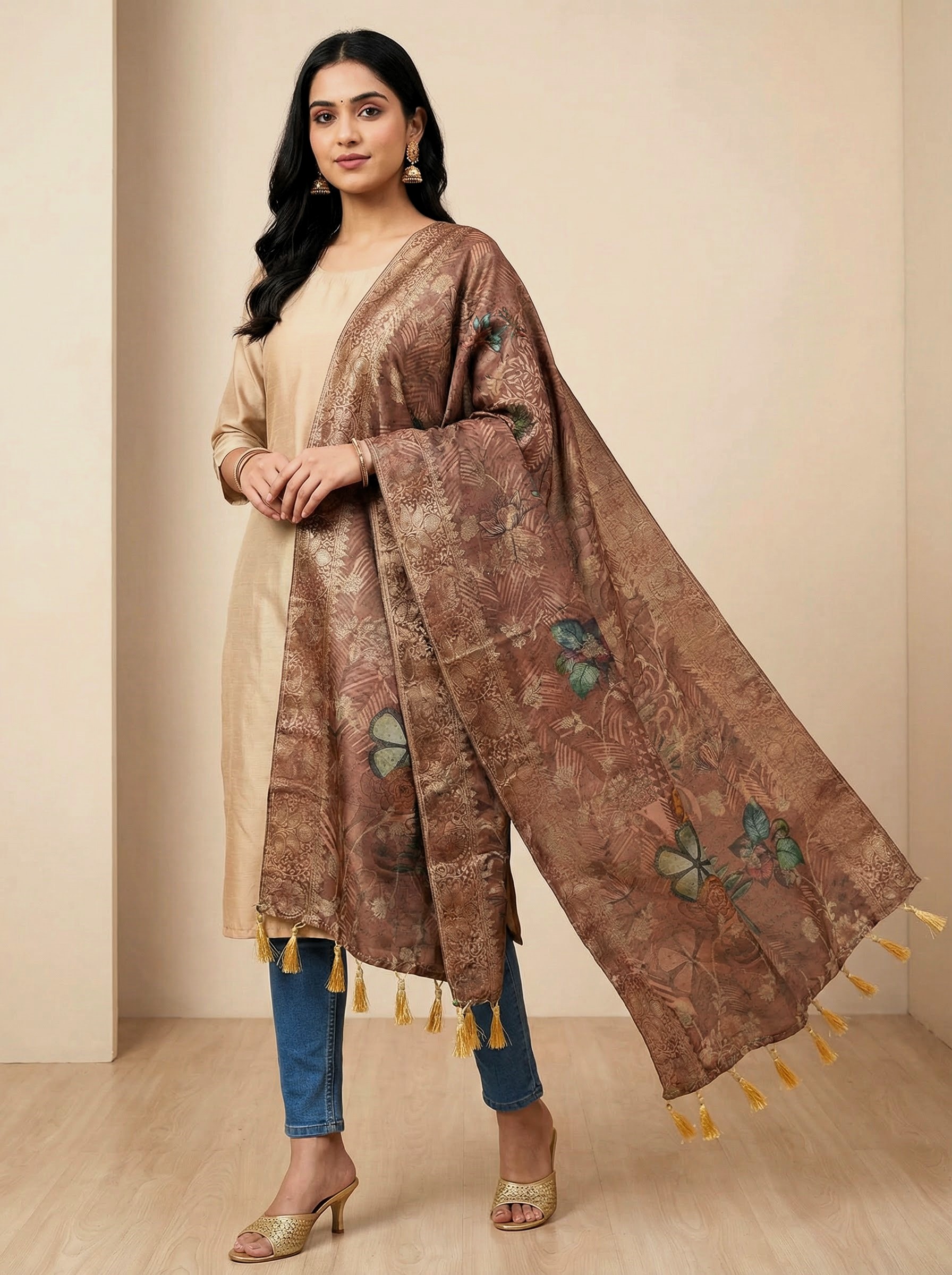 Brown Botanical Garden Print Jacquard Silk Designer Dupatta