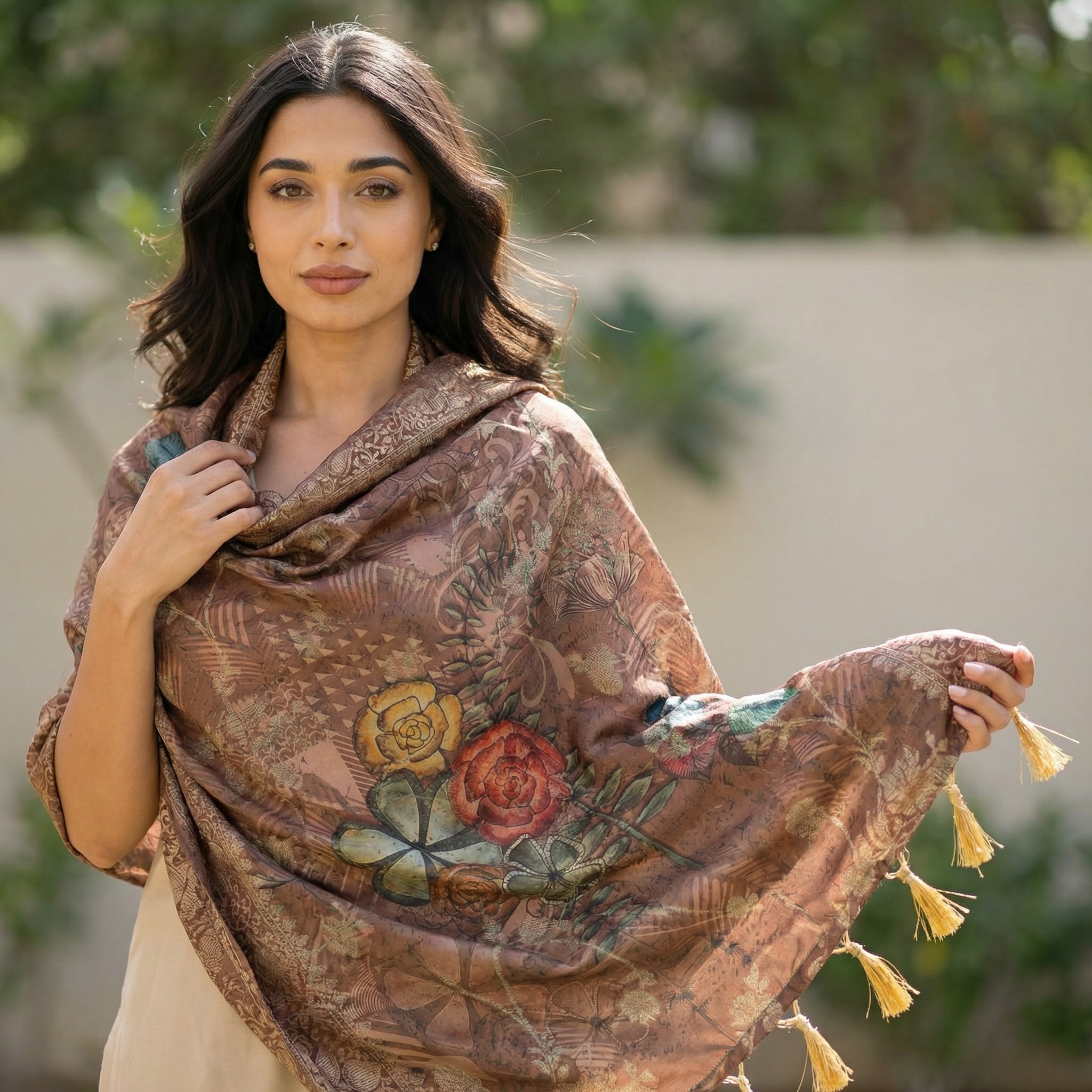 Brown Botanical Garden Print Jacquard Silk Designer Dupatta — alternate view