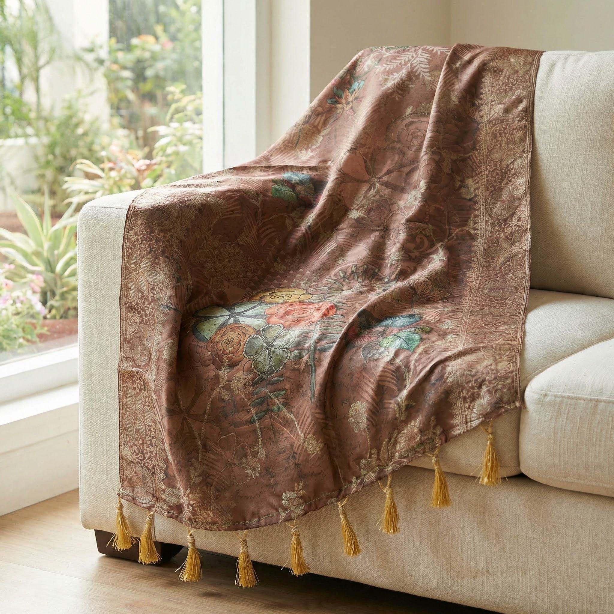 Brown Botanical Garden Print Jacquard Silk Designer Dupatta